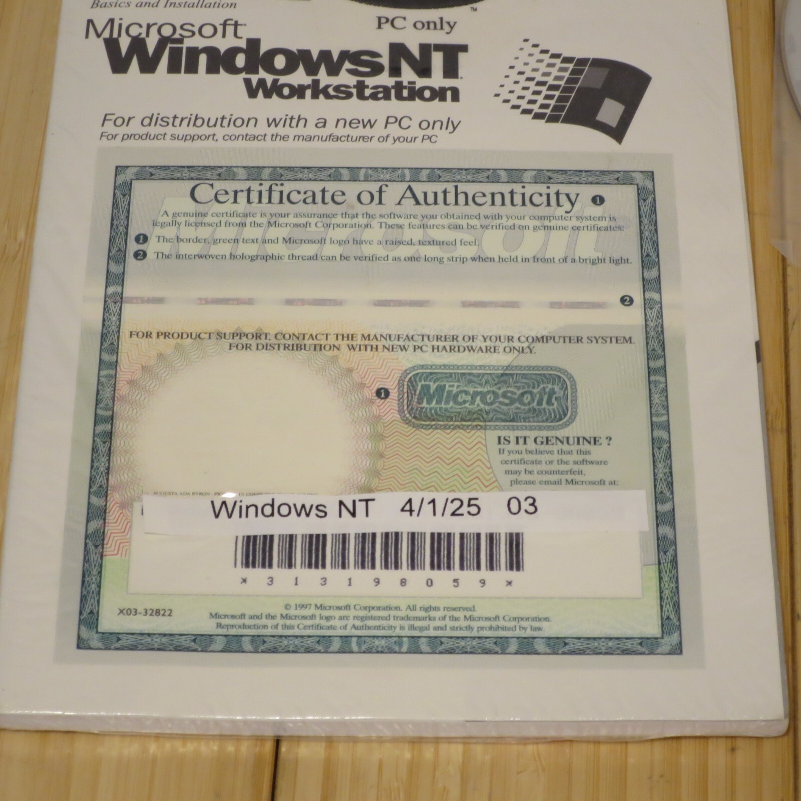 Microsoft Windows NT Workstation 4.0 SP4 CD-ROM, 3.5 Floppies, Manual & COA 03