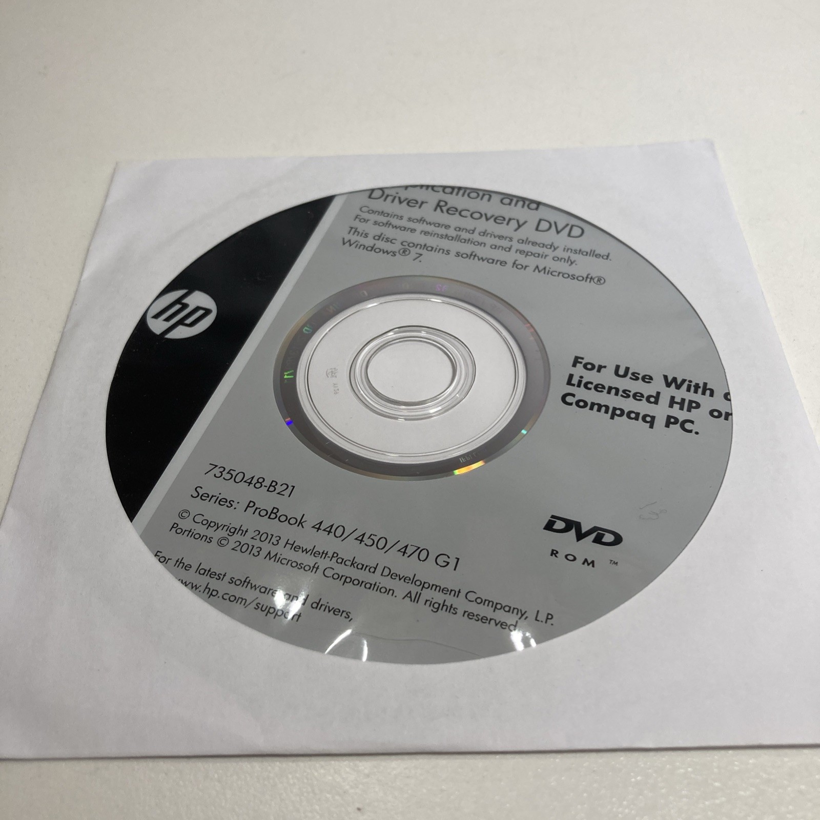 Windows 7 Application Driver HP Compaq DVD Recovery Repair Cd 735048-B21 Disc