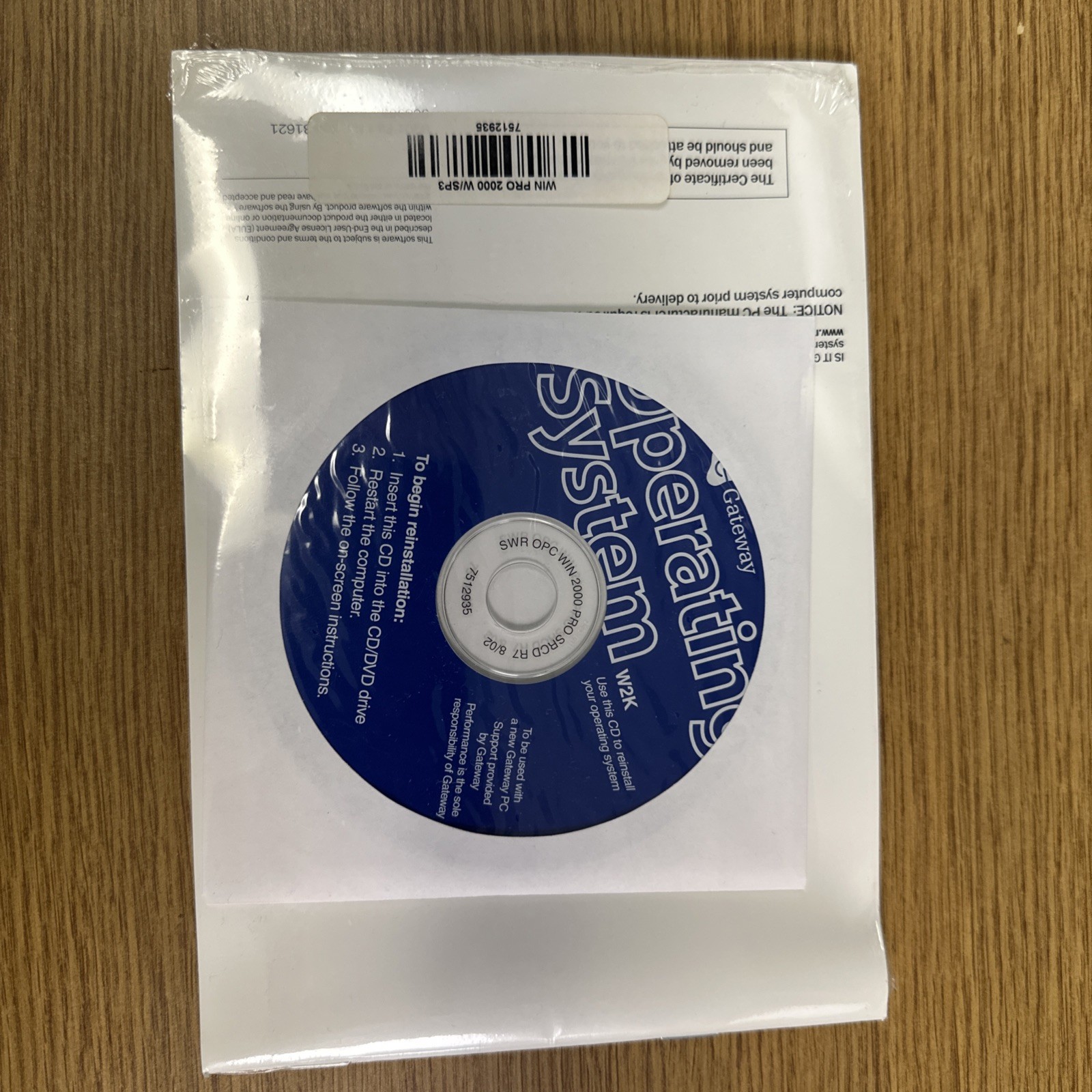 Gateway Windows 2000 Professional OS 2K SP3 CD No Product Key Sealed