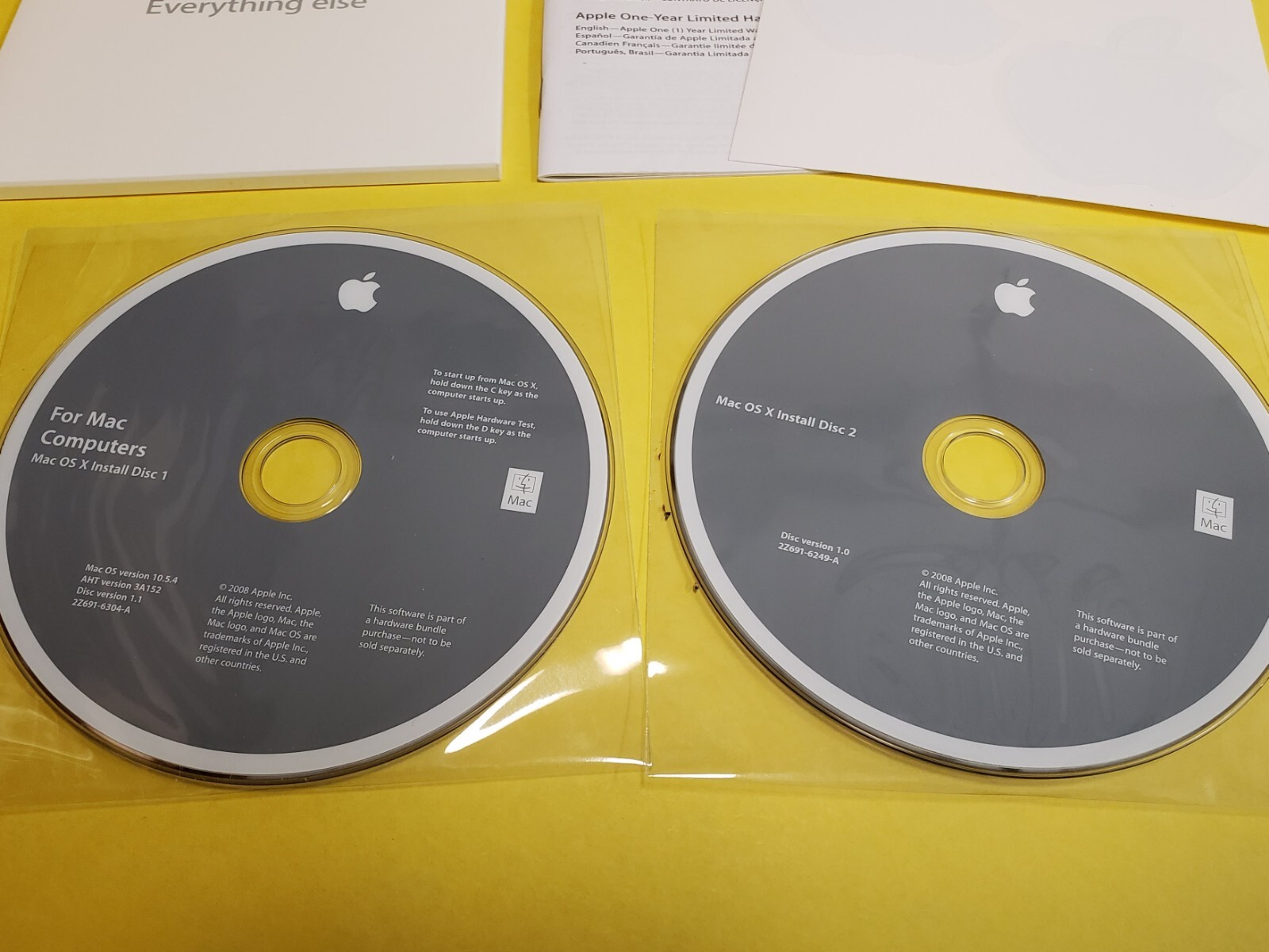Mac Computers OS X Install Disc 1 & 2 Version 10.5.4 2008 Model 3A152 w/Stickers