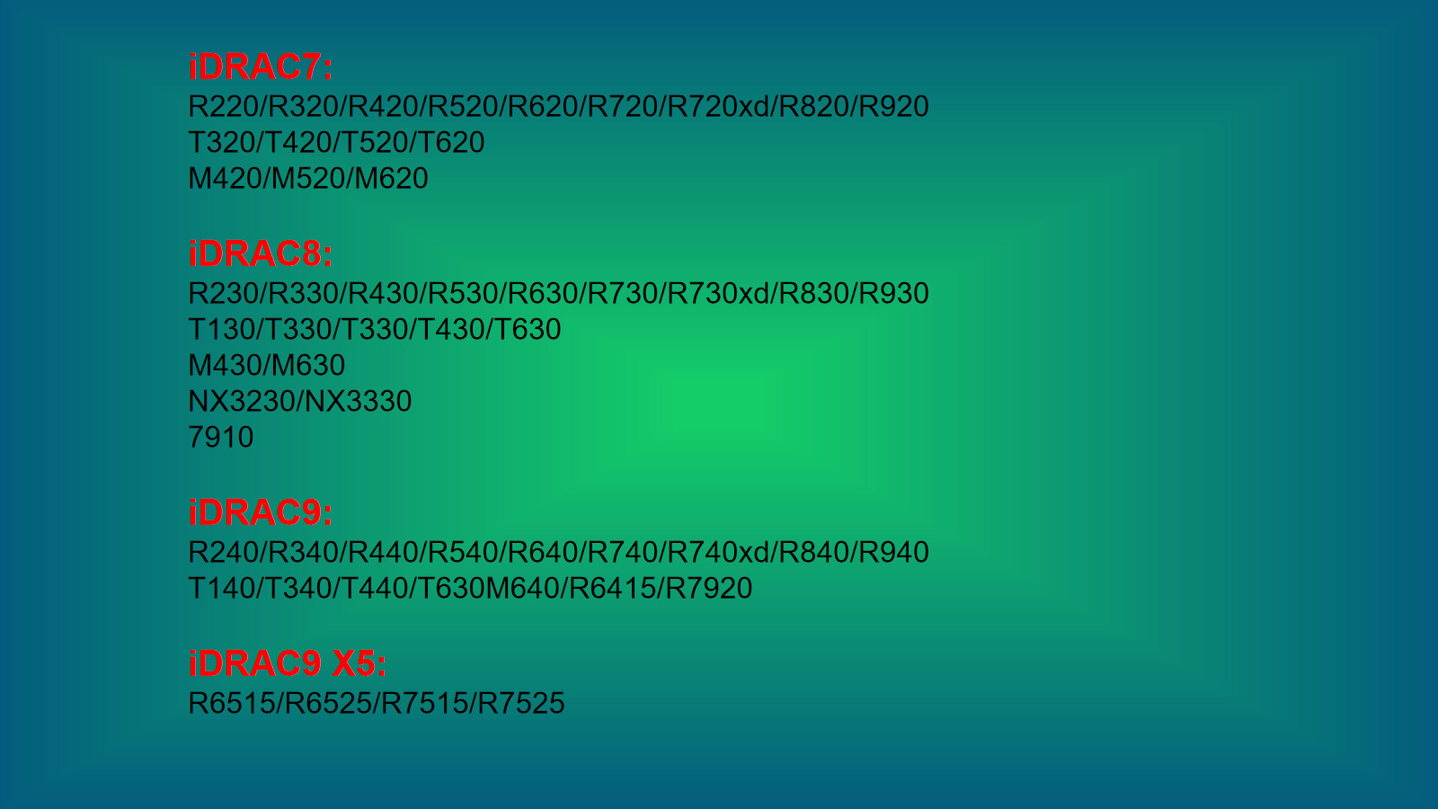 iDRAC7, iDRAC8, iDRAC9, iDRAC9 X5, iDRAC9 X6，iDRAC10 Enterprise License G12-G16