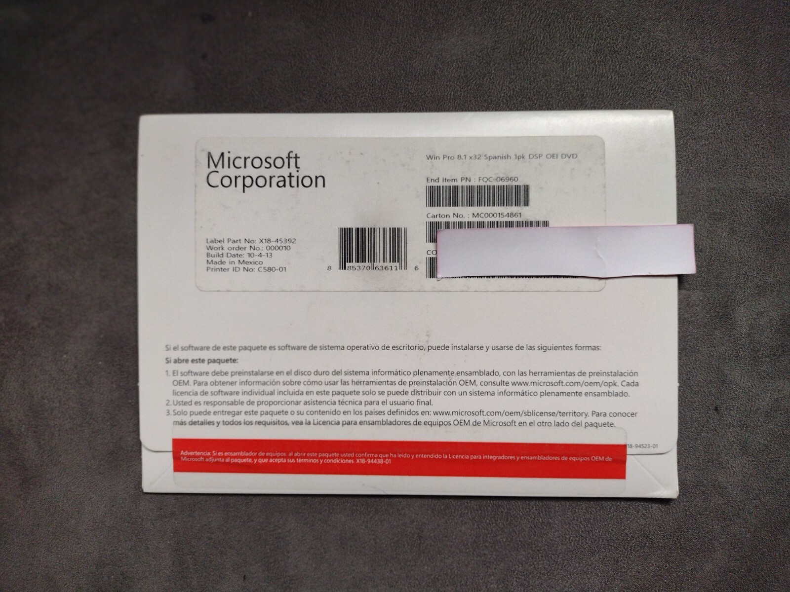 Microsoft Windows 8.1 x64 64 Bit Spanish 1PK DSP OEI DVD with Update Media (New)
