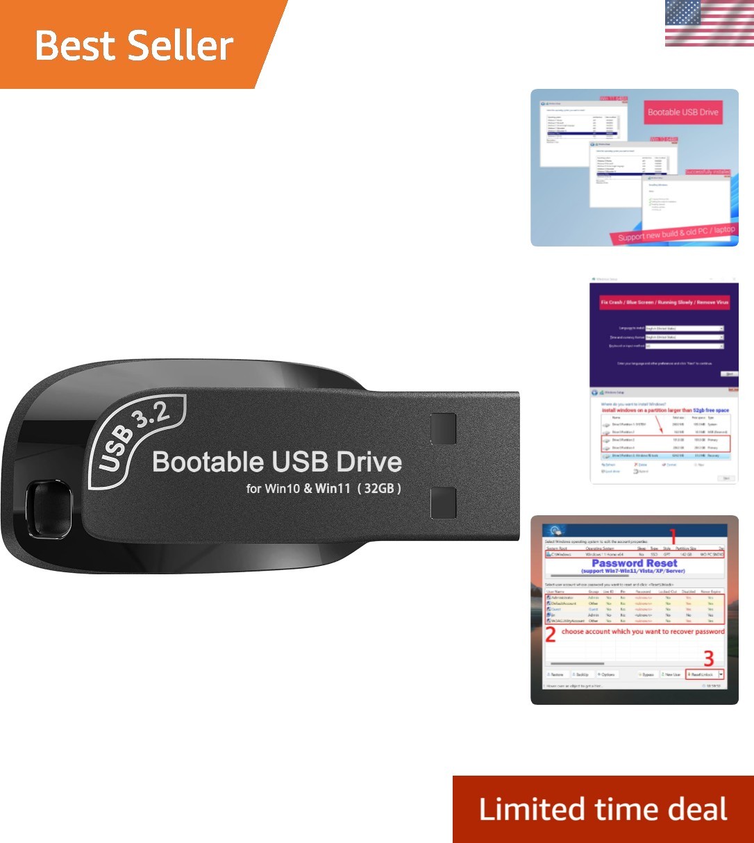 32GB Bootable USB 3.2 Drive for Windows 11/10 – Password Reset & Recovery Tools
