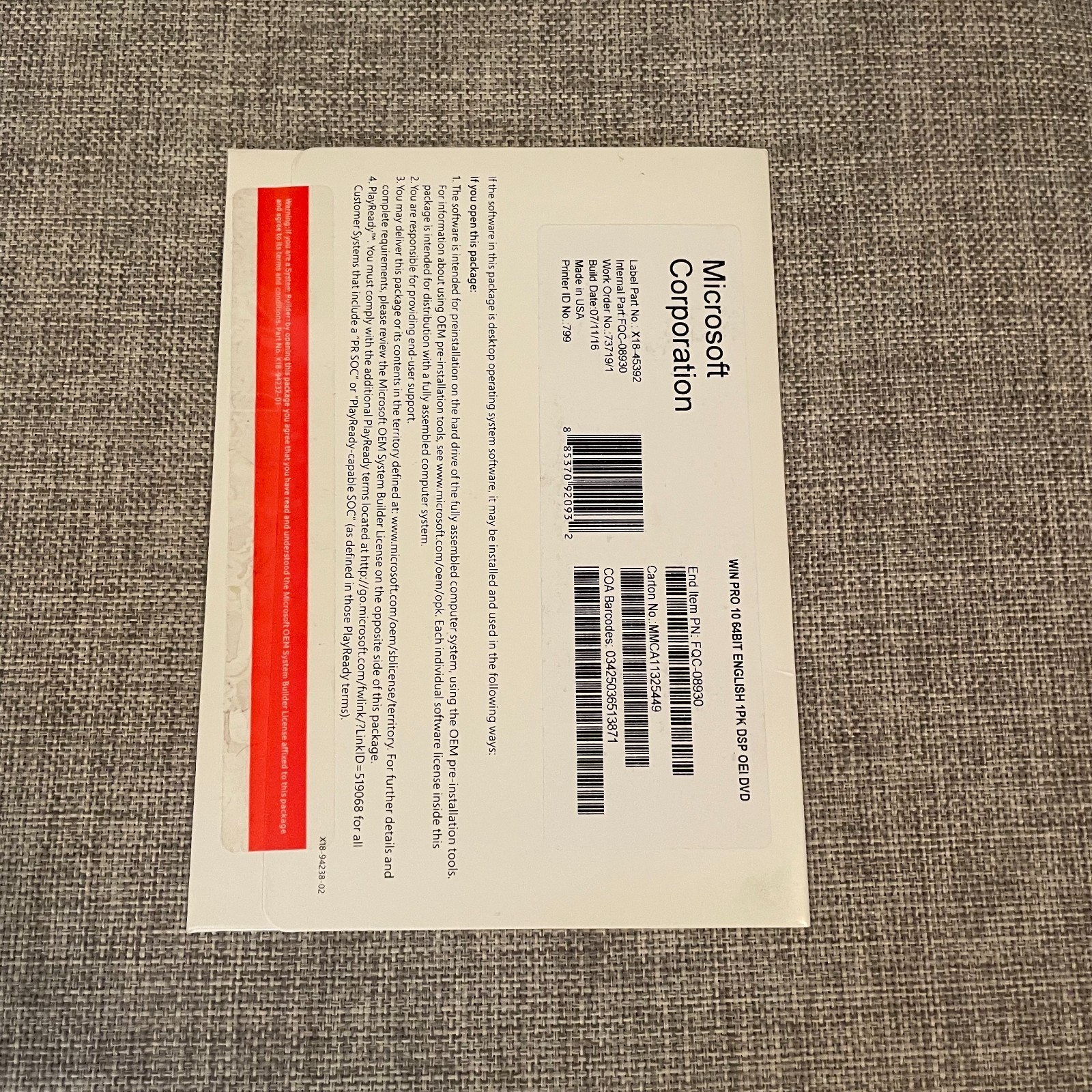 Microsoft Windows 10 Professional 64Bit English DVD & Product Key Factory Sealed