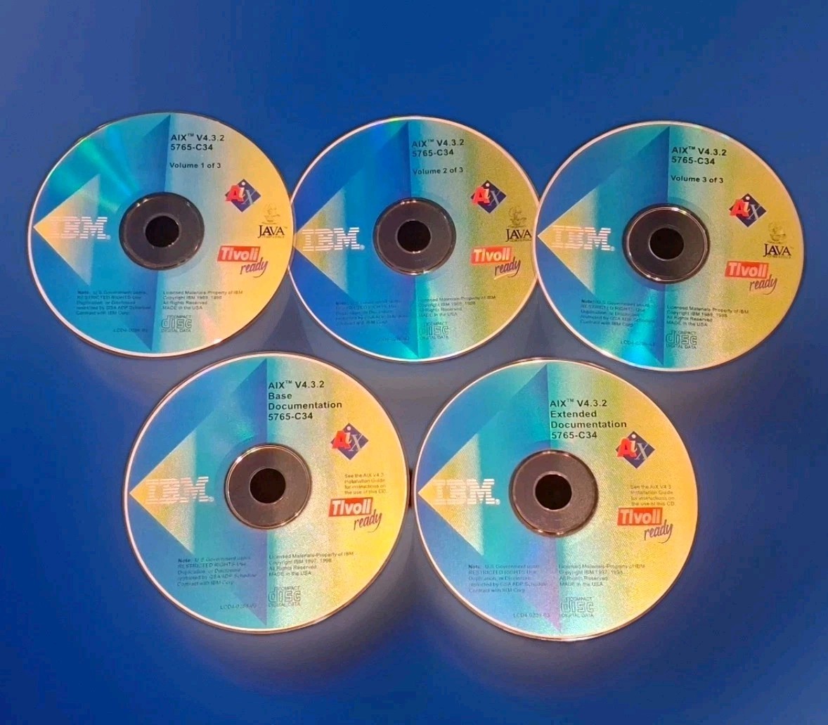 IBM AIX V4 3.2 / 5765-C34 – UNIX Software Vol 1-3 + Base & Ext. Docs CDs 5 Discs