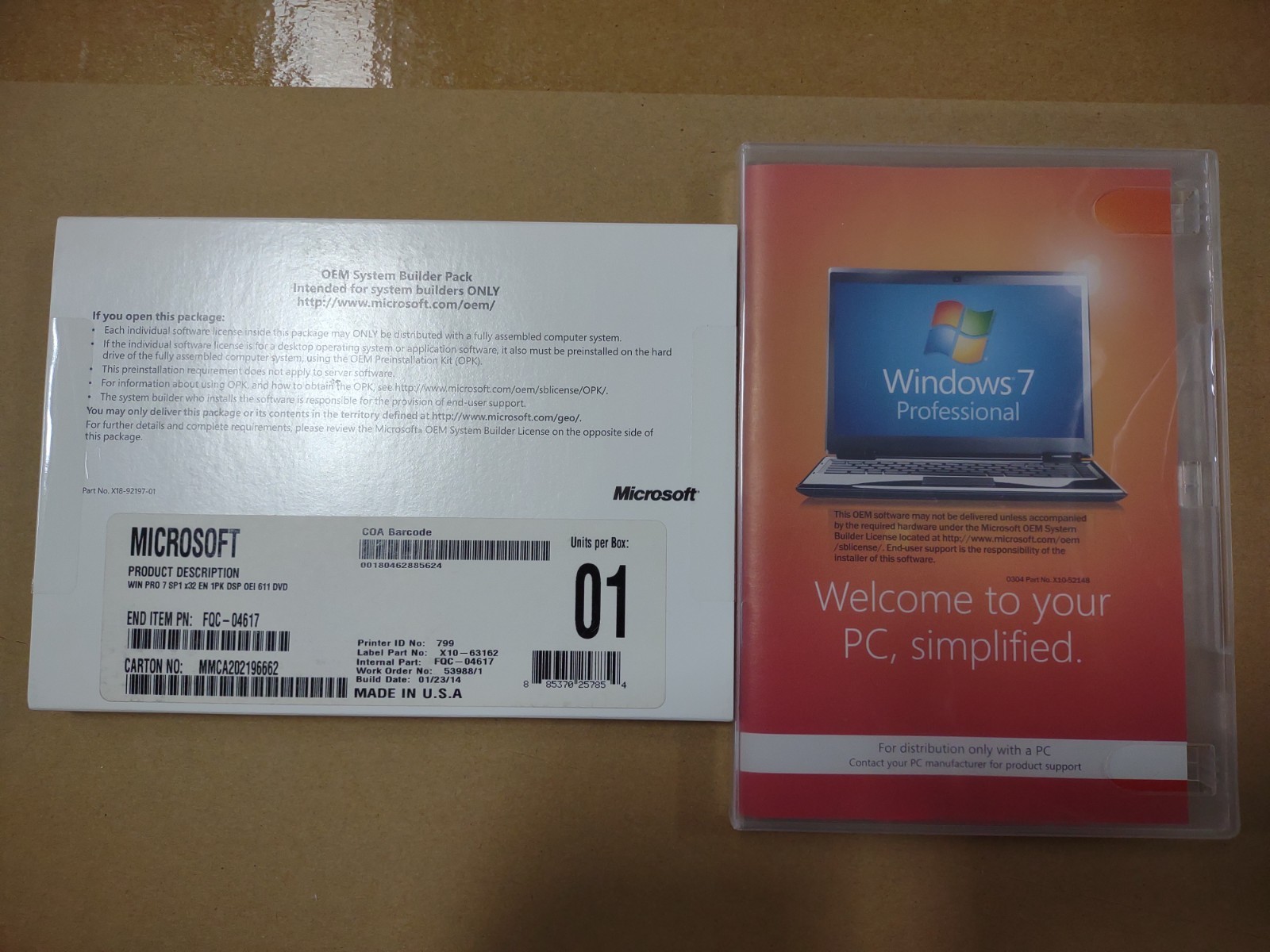 MS WIN7 PRO W/SP1 32BIT OEM, FQC-04617