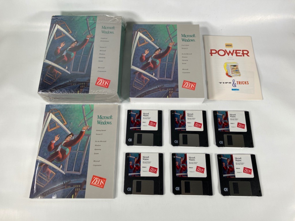1990 Microsoft Windows 3.1 Zeos International Edition 3.5″ Disks+Manuals in Box