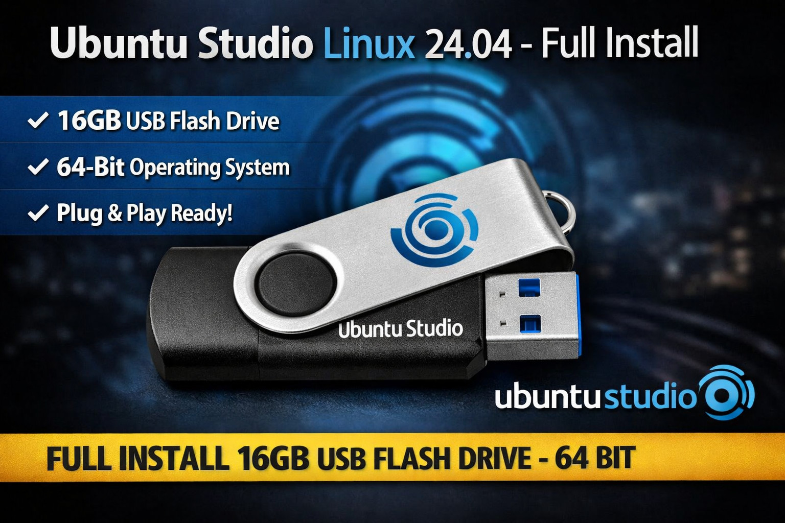 Ubuntu Studio Linux 24.04.4 – 64Bit – Full Install 16GB USB Flash Drive