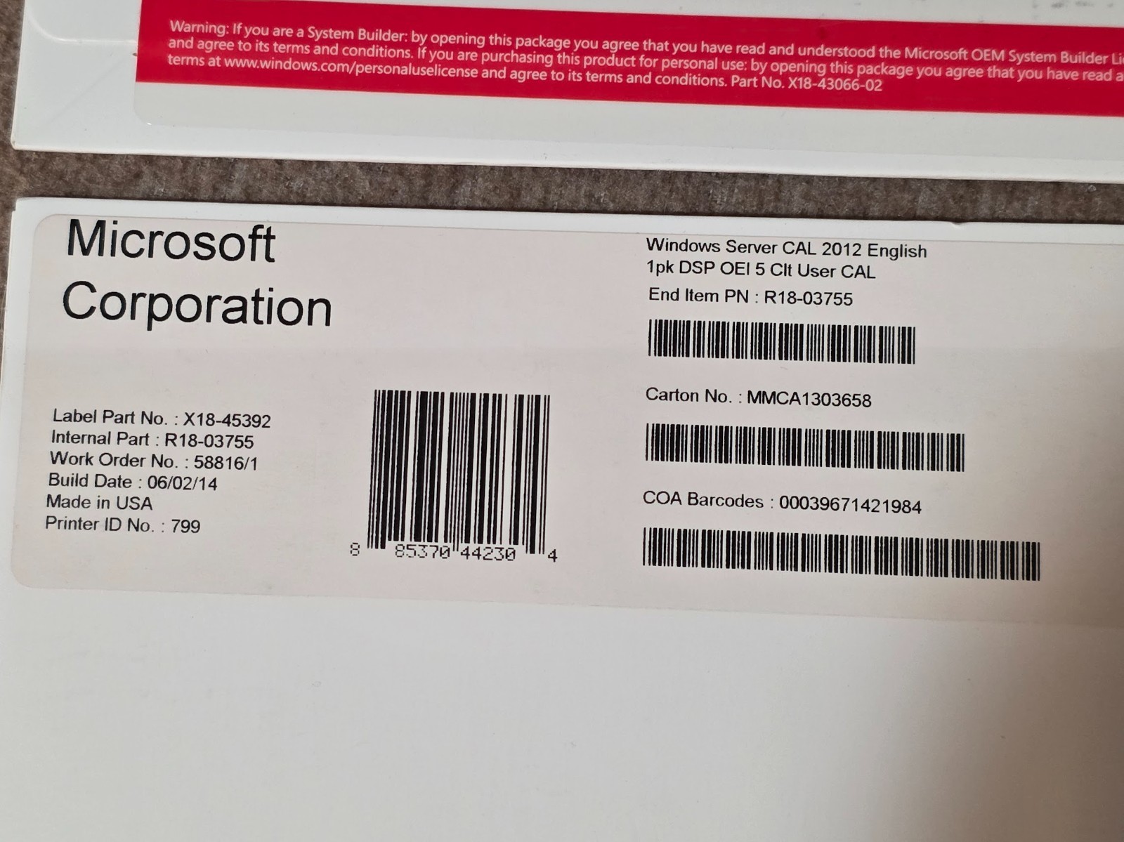 SEALED Lot of 7 Microsoft Window Server Cal 2012 English 1pk DSP 5CLT User CAL