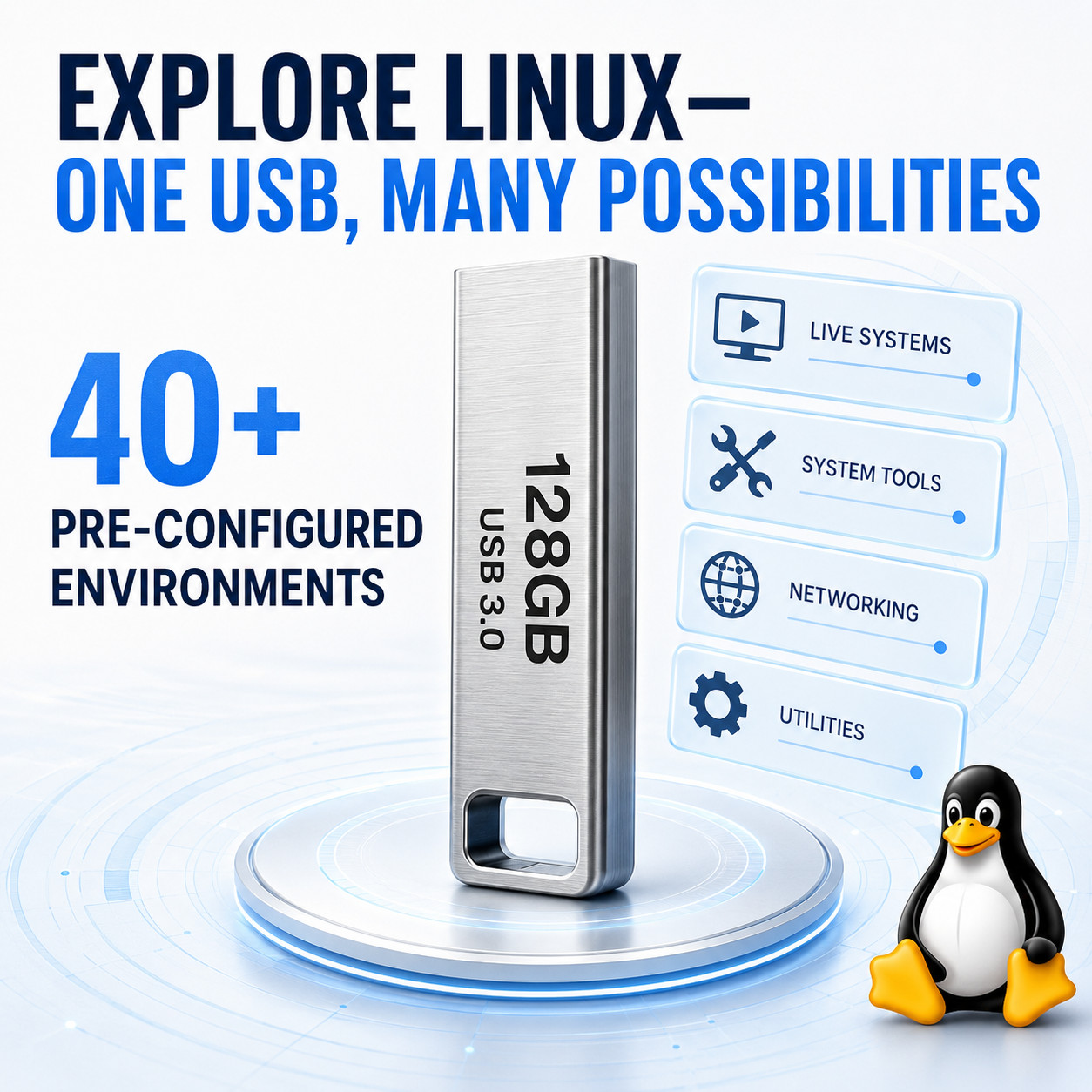 Explore Linux 128GB Multiboot USB 3.0 – 40+ Live OS Environments