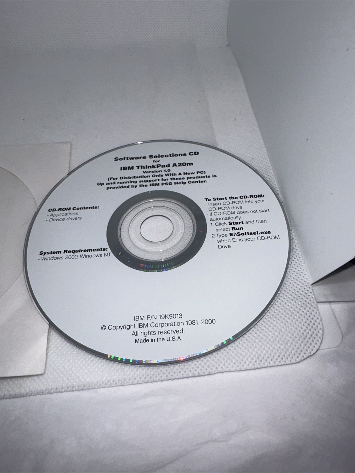 IBM Thinkpad A20m Version 1.0 Software Selection 19k9013 Device Drivers & Applic