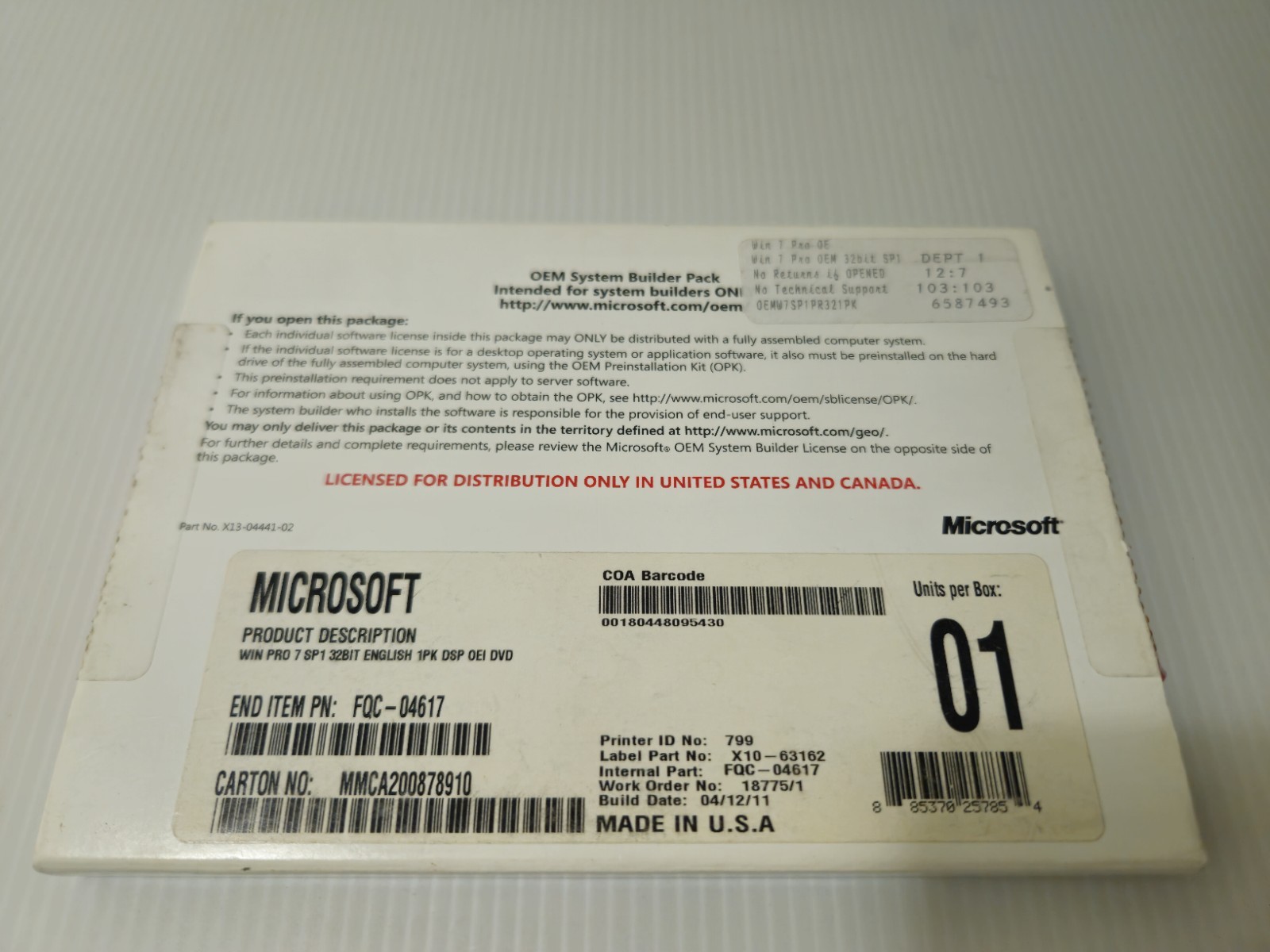 Windows 7 Professional 32-Bit OEM System Builder Pack DVD w/ COA – SP1 -…