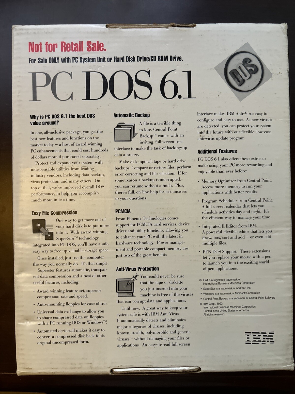 IBM PC DOS 6.1 Software Operating System Vintage 3.5” disk in box