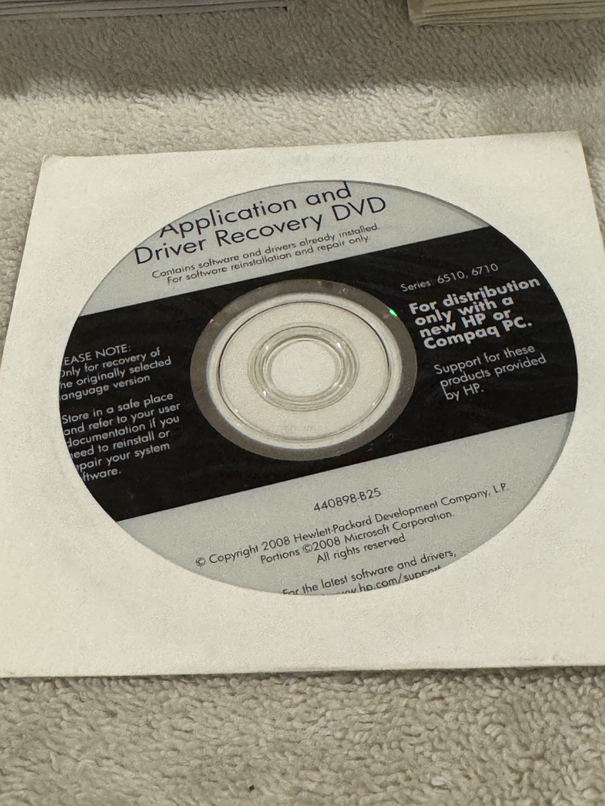 HP Application & Driver Recovery DVD Series 6510 6710 – CD ONLY IN GOOD CONDITIO
