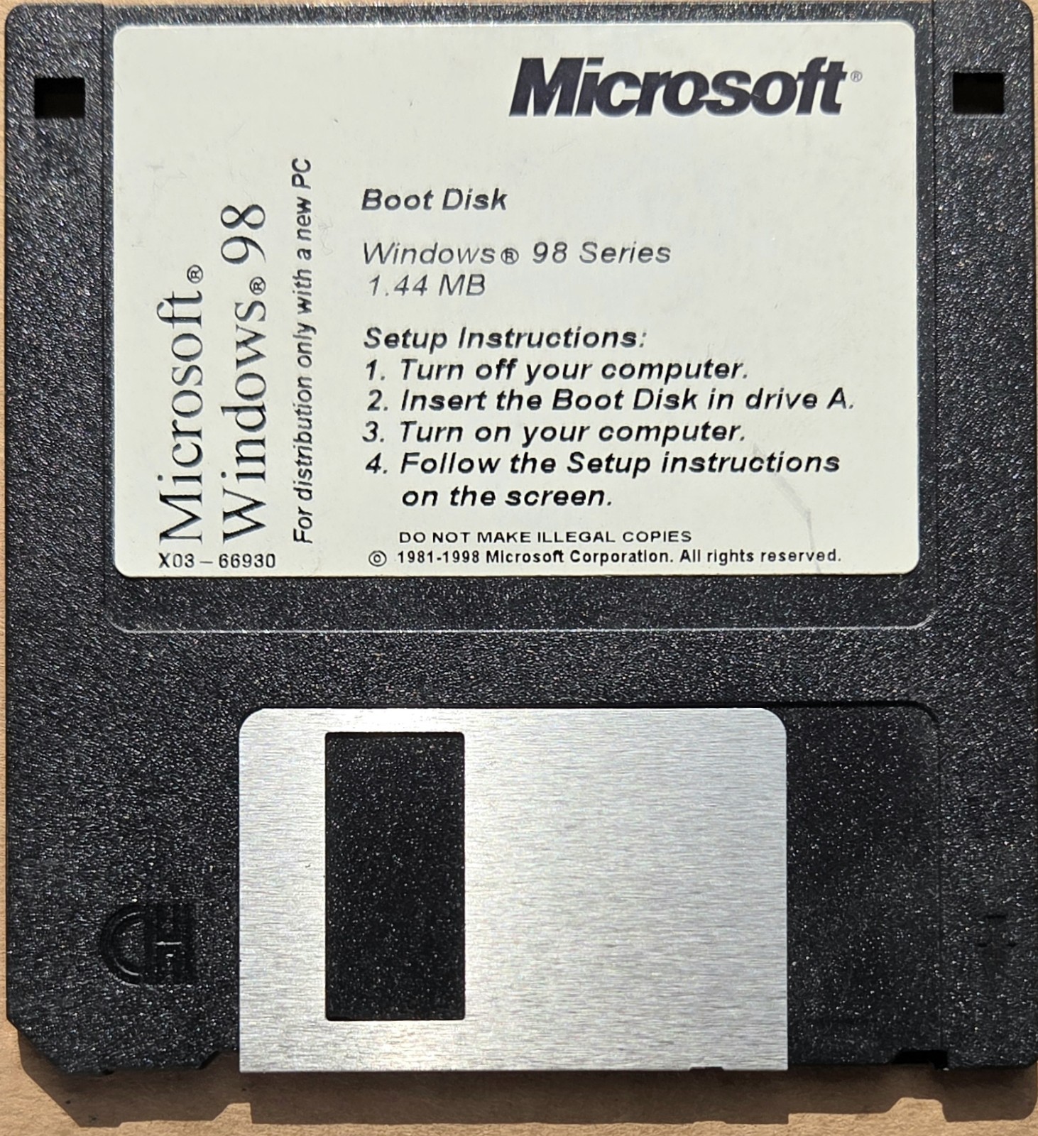 Microsoft Windows 98 Boot Disk 1.44MB Floppy OEM X03-66930 + 1 Backup copy