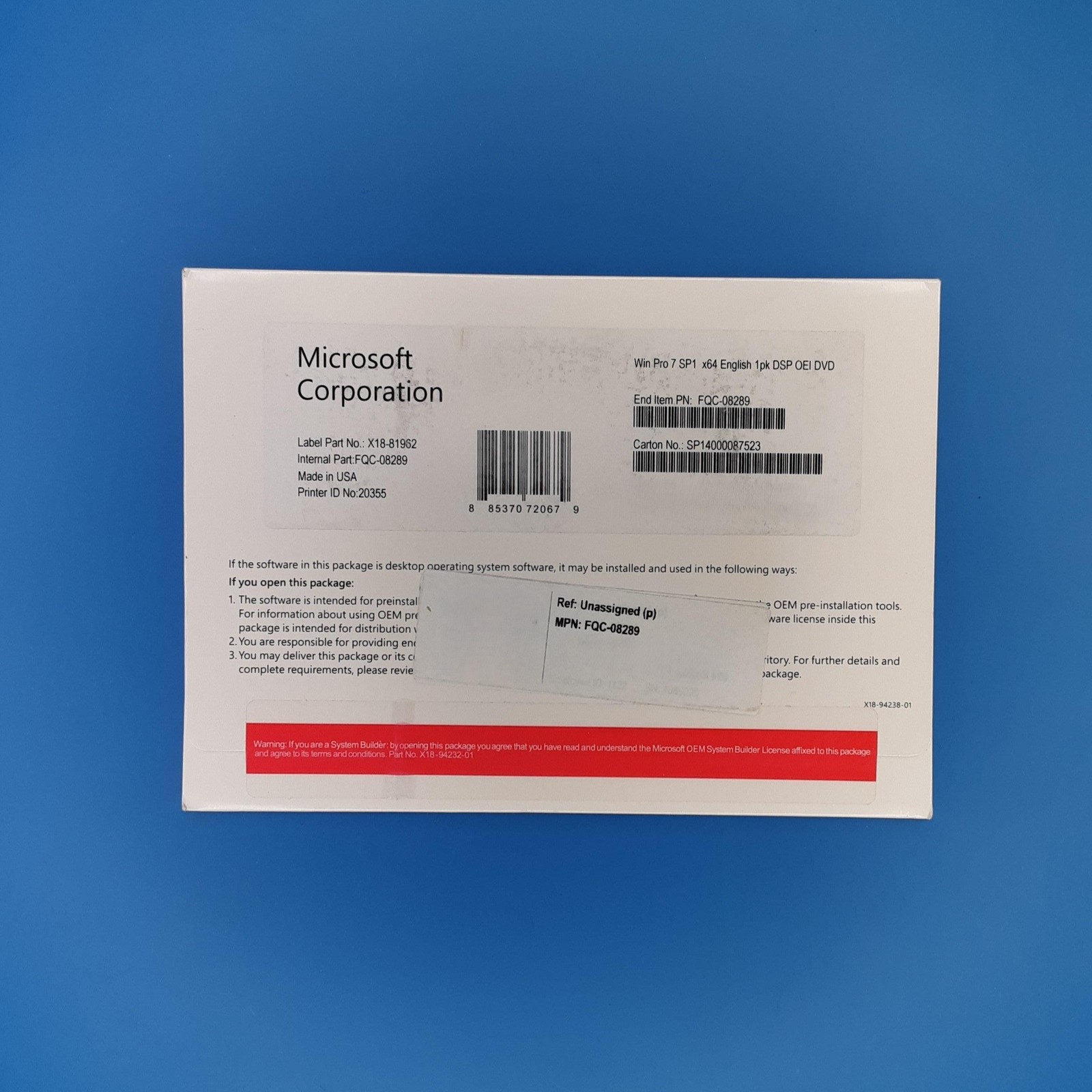 Windows 7 Professional 64-bit Edition w/ SP1, OEM LICENSE w/ Media