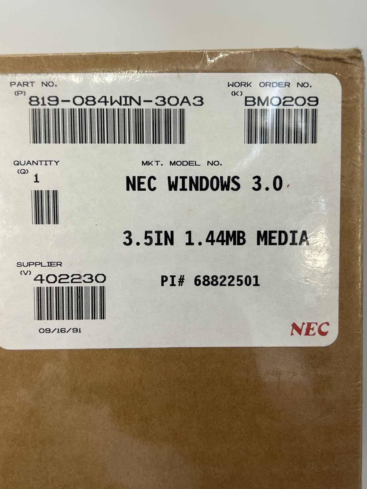 NEC Windows 3.0 OEM 3.5” 1.44MB Media Factory Sealed NOS 1991 Vintage Software