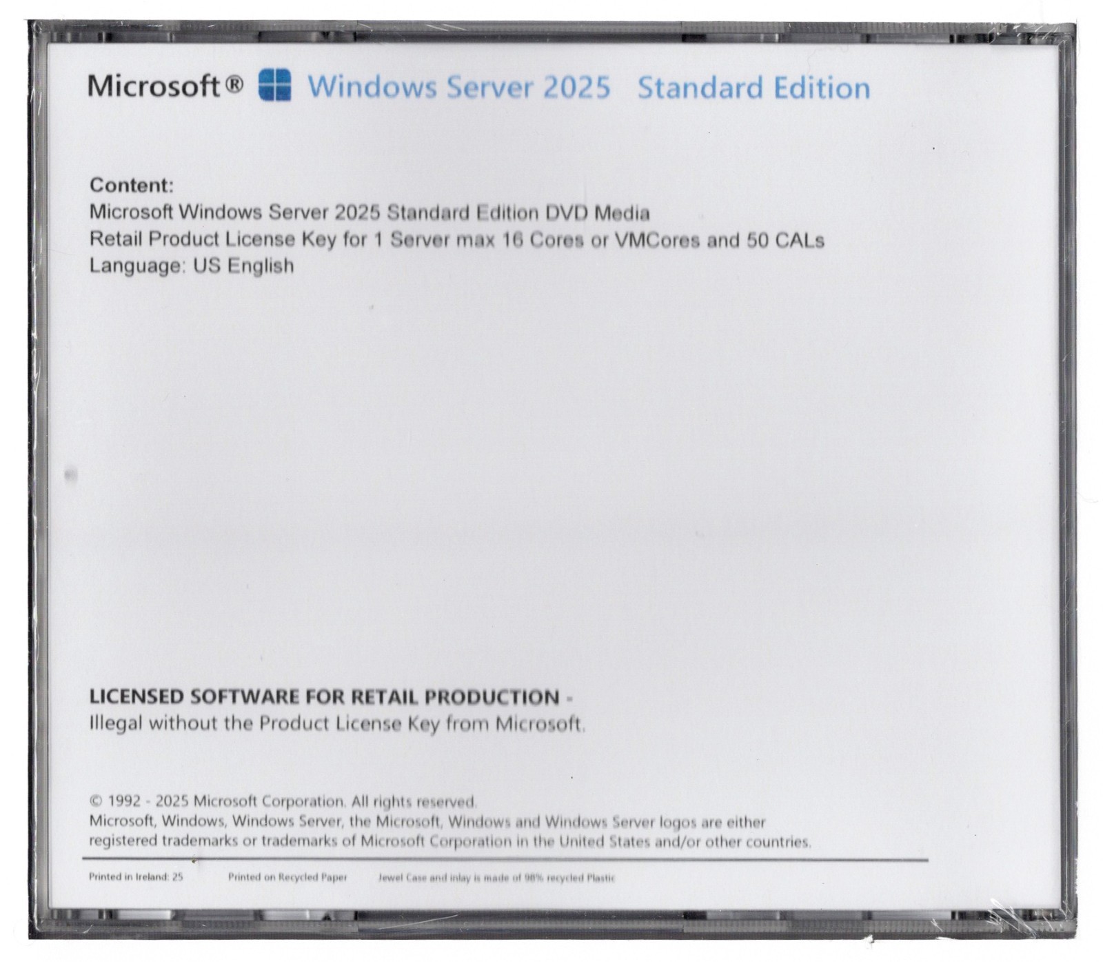 Windows Server 2025 Standard with 50 CALs, 16 Cores. Retail License, English.