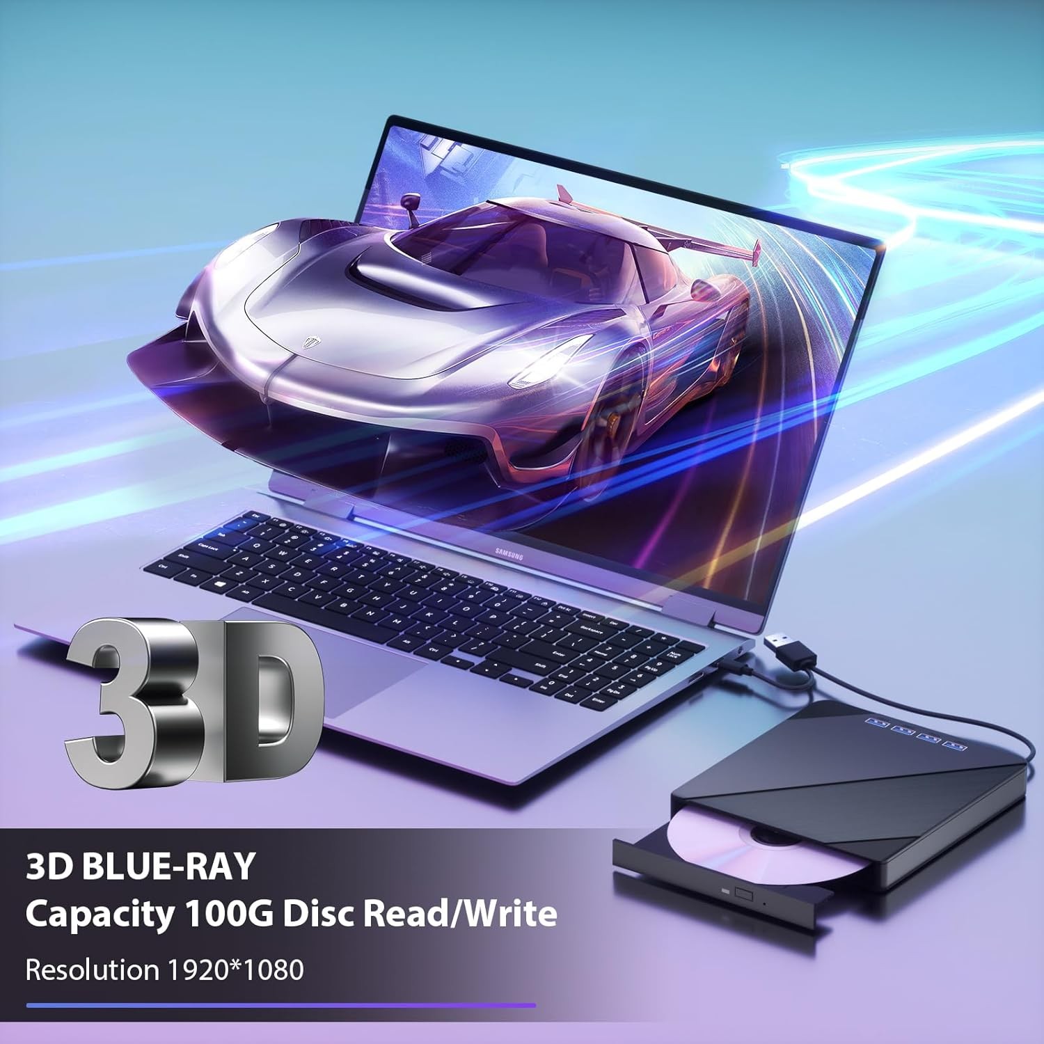 External Blu ray Drive, 7 in 1 Support 100G Disc R/W, USB3.0 Type-C Bluray Drive