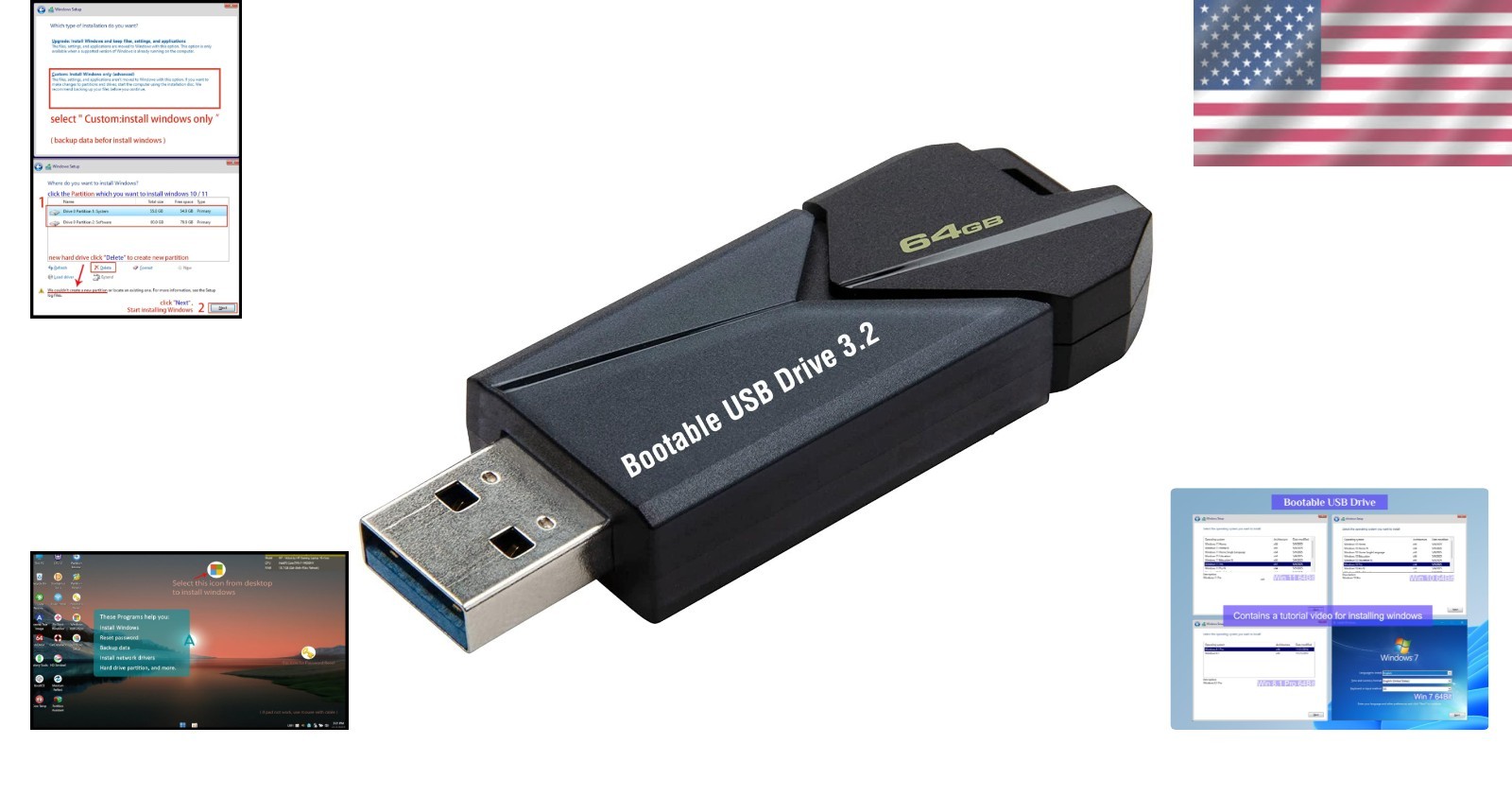 Multipurpose 64GB USB Flash Drive – Clean Install Media for Windows 11/10