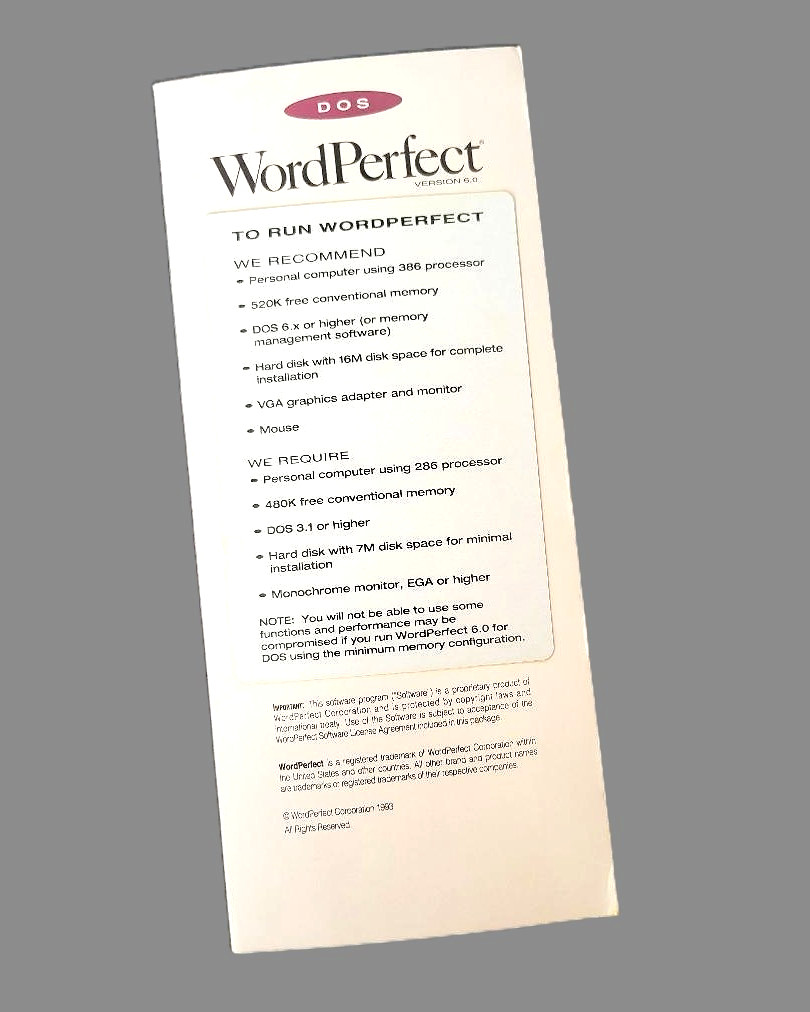 WordPerfect v. 6.0 Software for DOS – 3.5″ Floppy Disks & Manuals VINTAGE 1993
