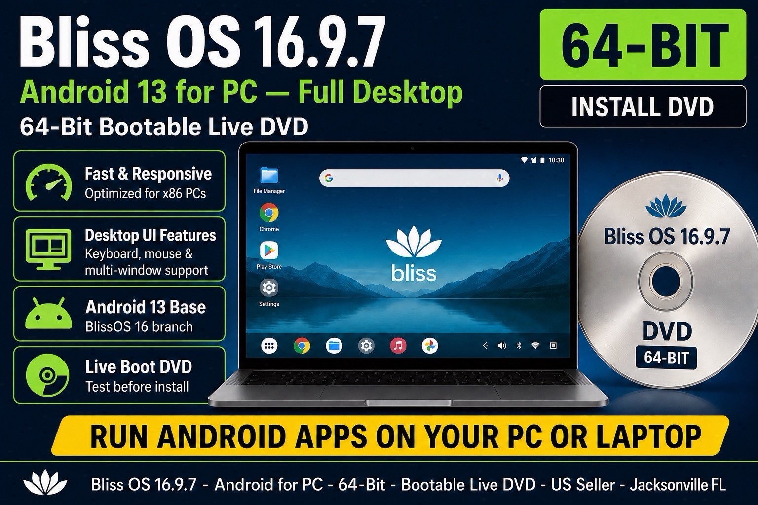Bliss OS 16.9.7 Android 13 for PC 64-Bit Bootable Install DVD Free Shipping