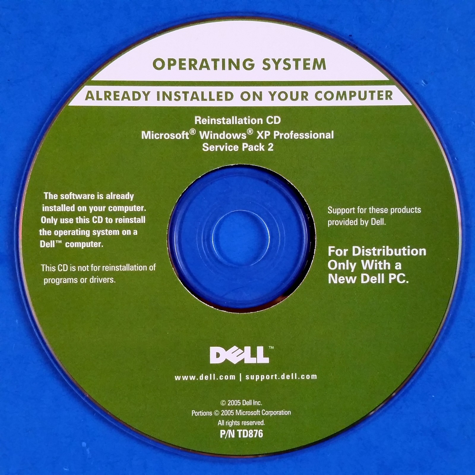 Dell Microsoft Windows XP Professional Reinstallation CD SP 2 SP2 Pro Media