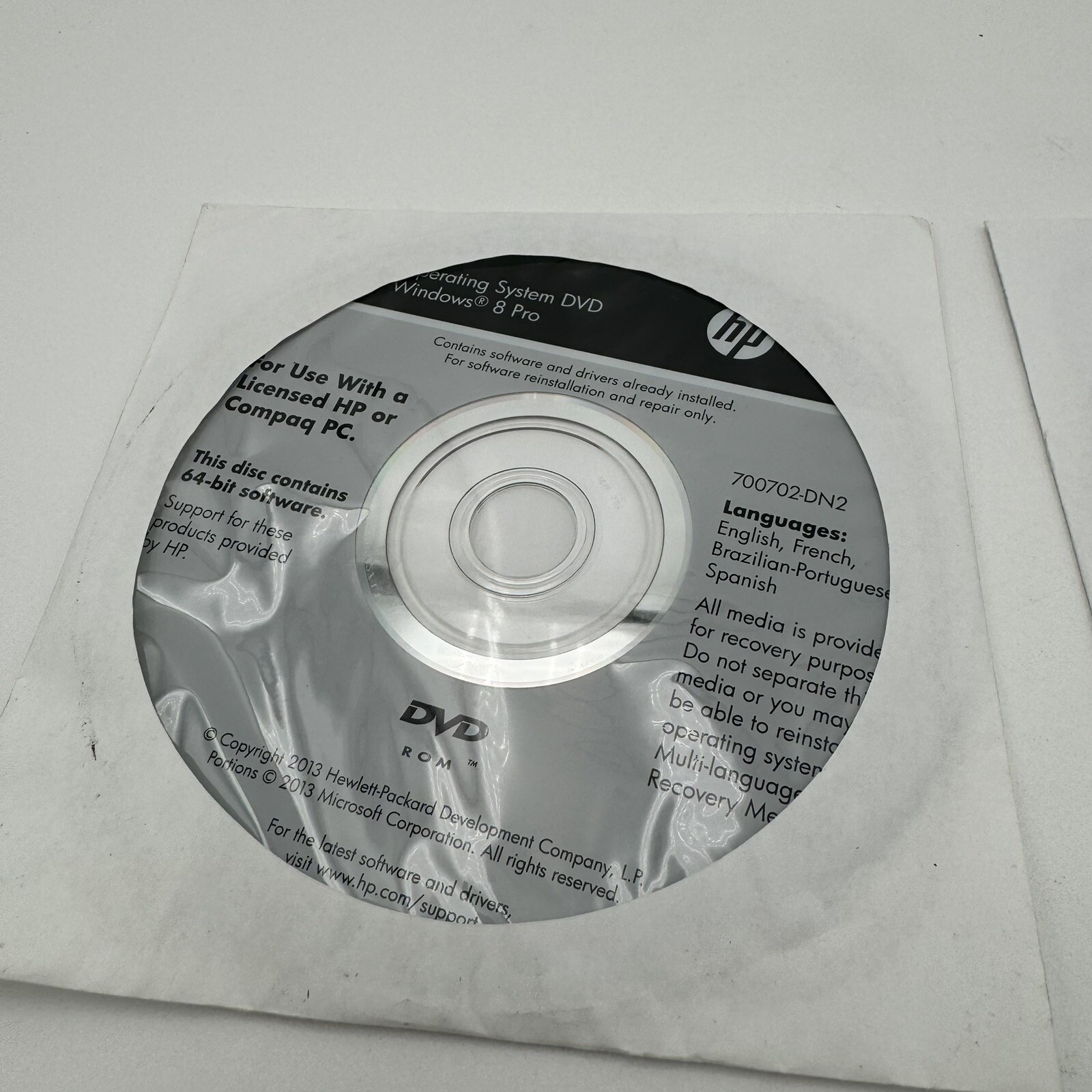 Operating System Windows 8 Pro HP Compaq DVD 700702-DN2 & Application Driver Rec