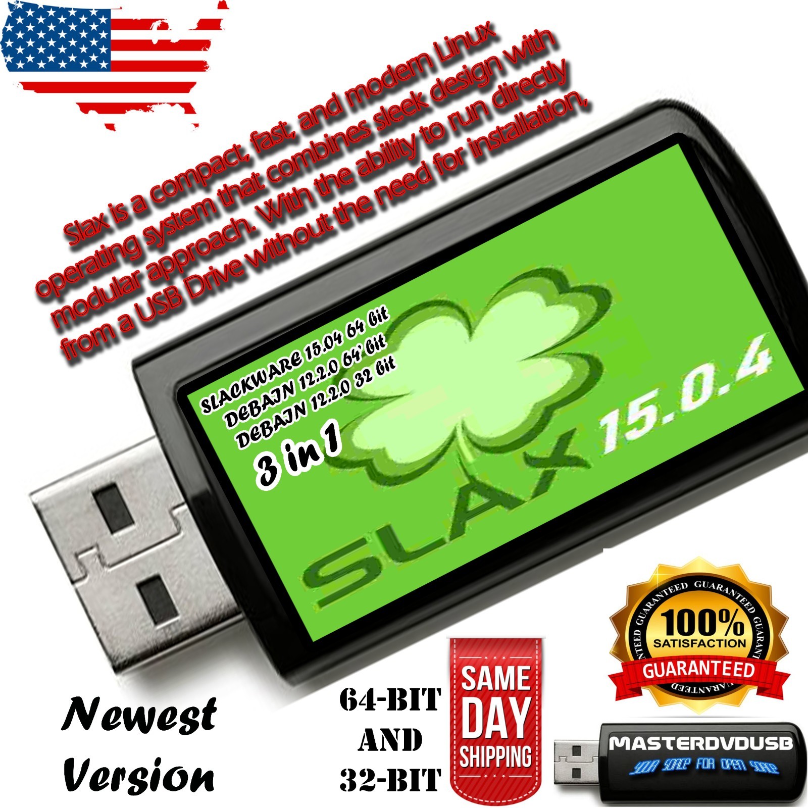 SLAX Linux 3-in-1 Bootable USB Drive Slackware 15.04 Debian 12.2.0 64 & 32 Bit
