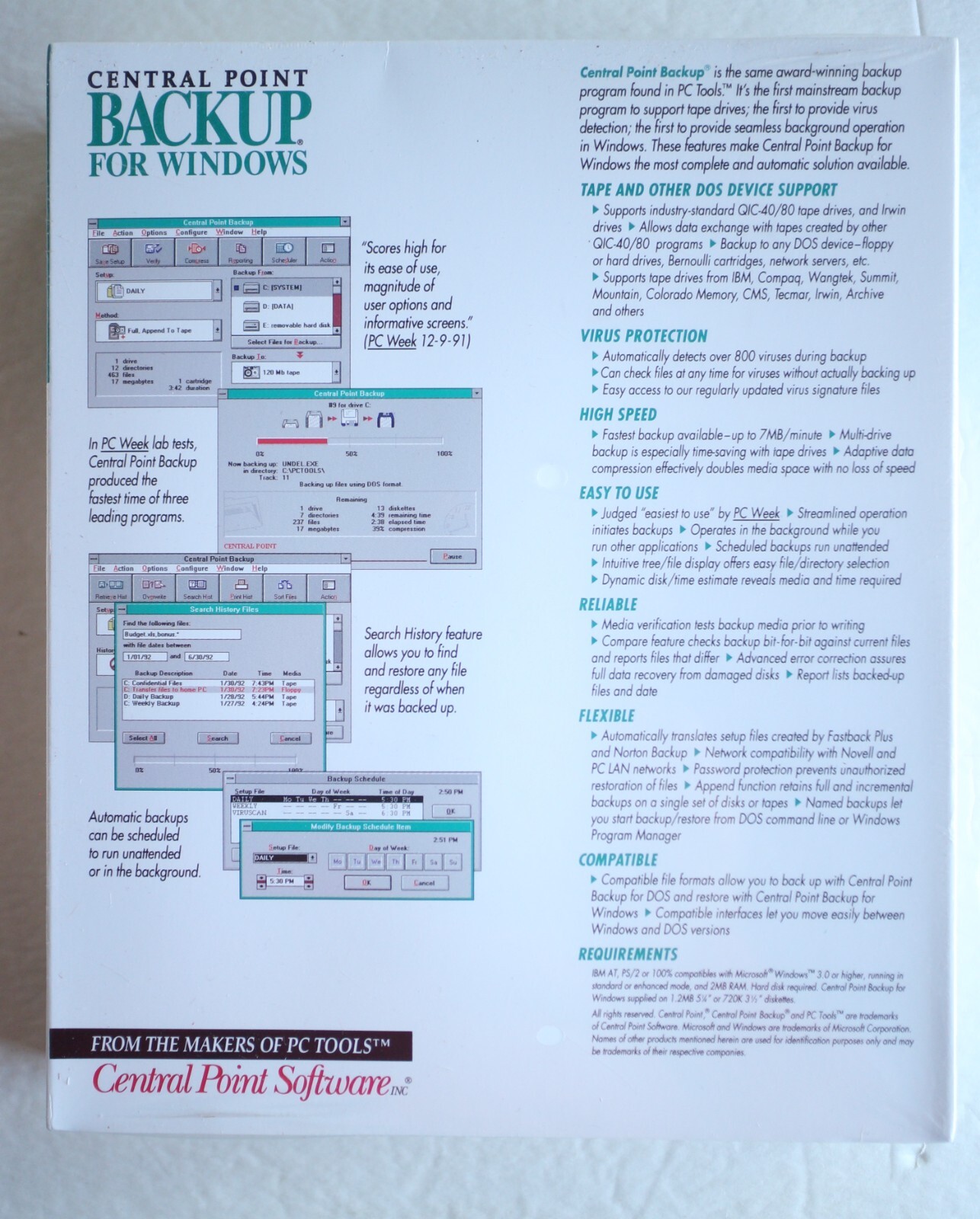 Central Point Version 7.2 Backup Software for Windows 3.25″ Disks Sealed VTG PC