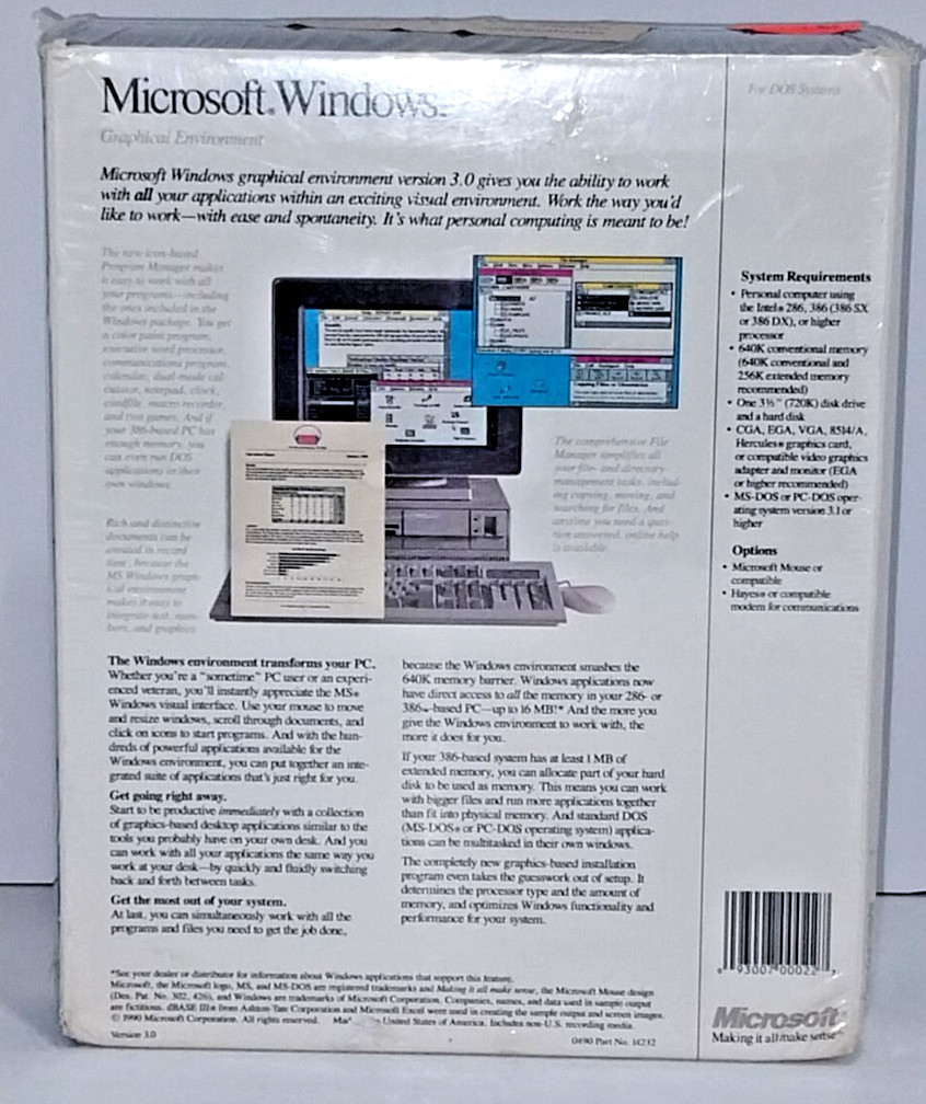 New Sealed Microsoft Windows 3.0 For DOS Systems, 3.5″ (720K) Disk Version, 1990