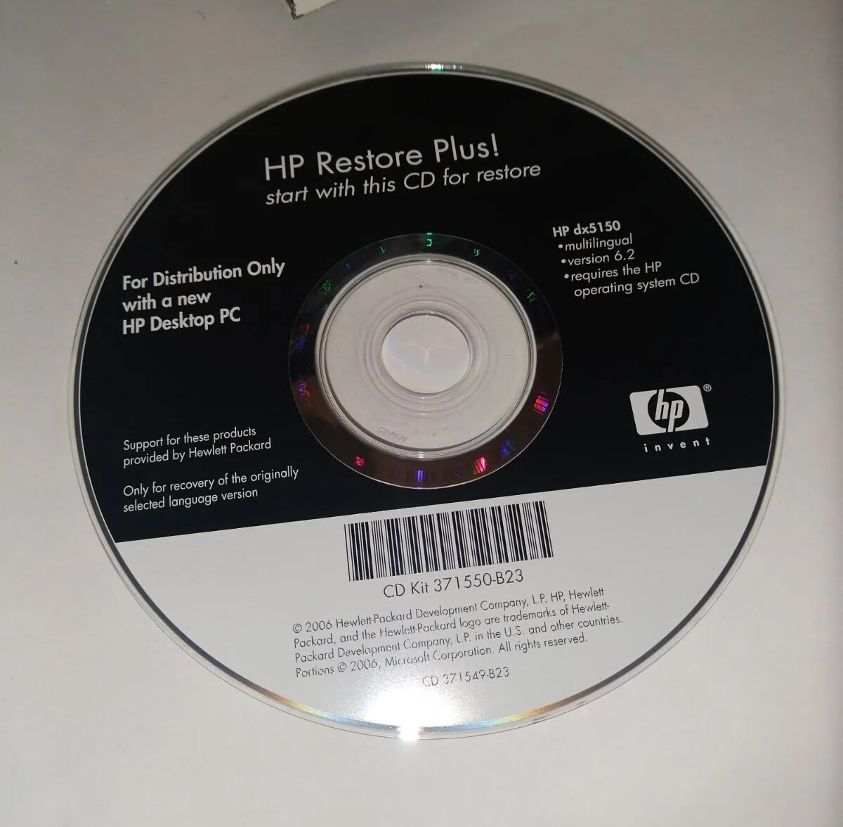 HP Restore Plus CD for HP DX5150 Good Condition