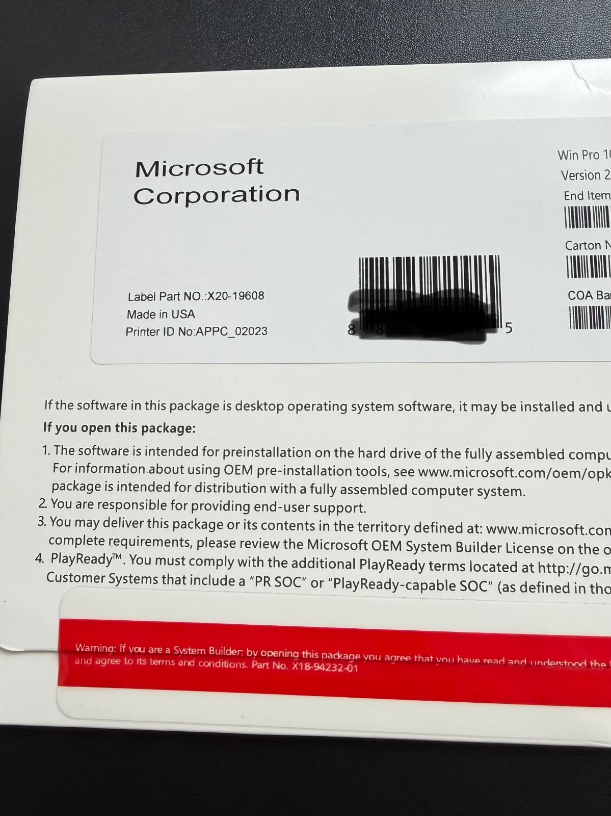 Microsoft Windows 10 Pro 64-Bit OEM System Builder DVD Version 23H2 Factory Seal