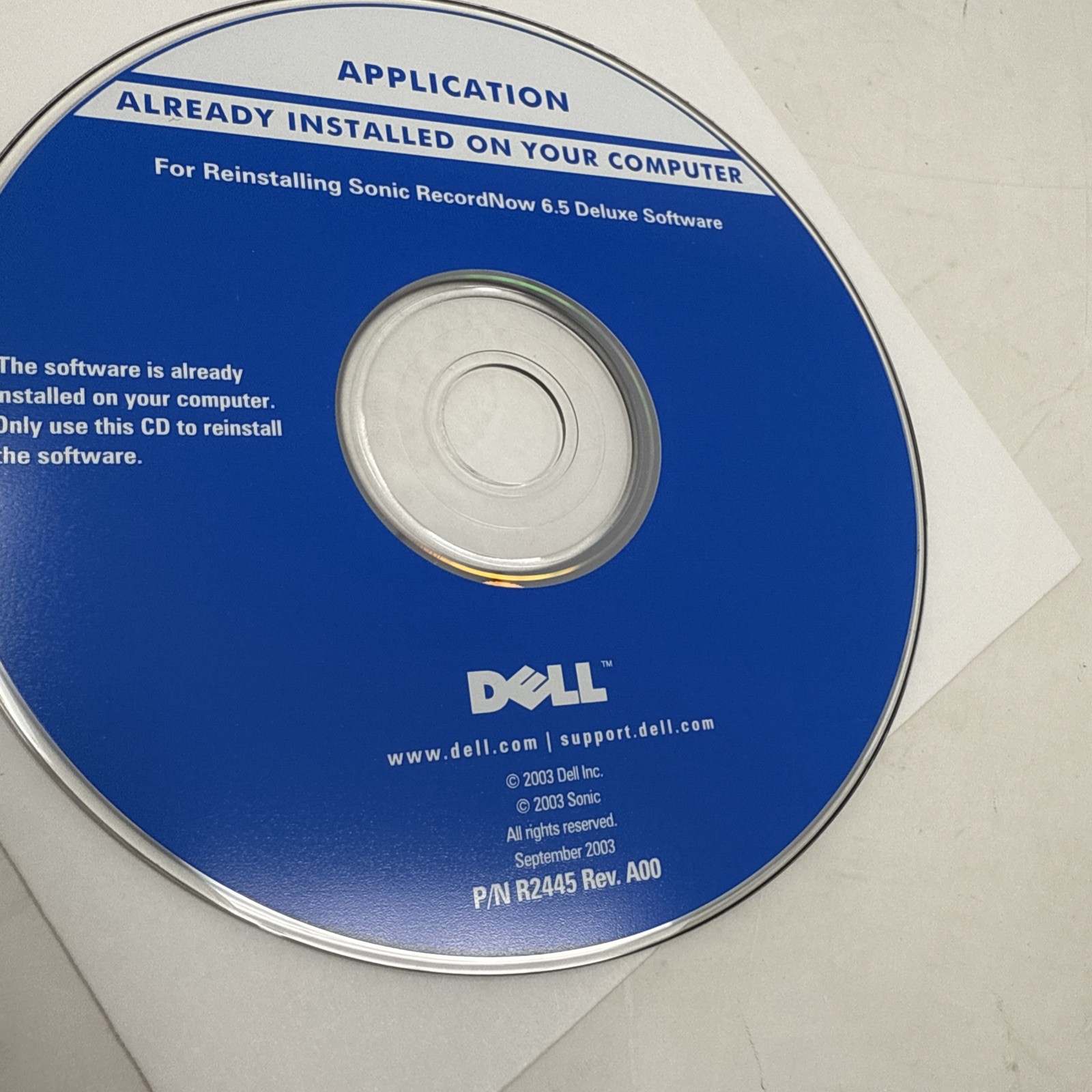 Dell Reinstalling Sonic RecordNow 6.5 Deluxe Software P/N R2445 RevA00 Disc 2003