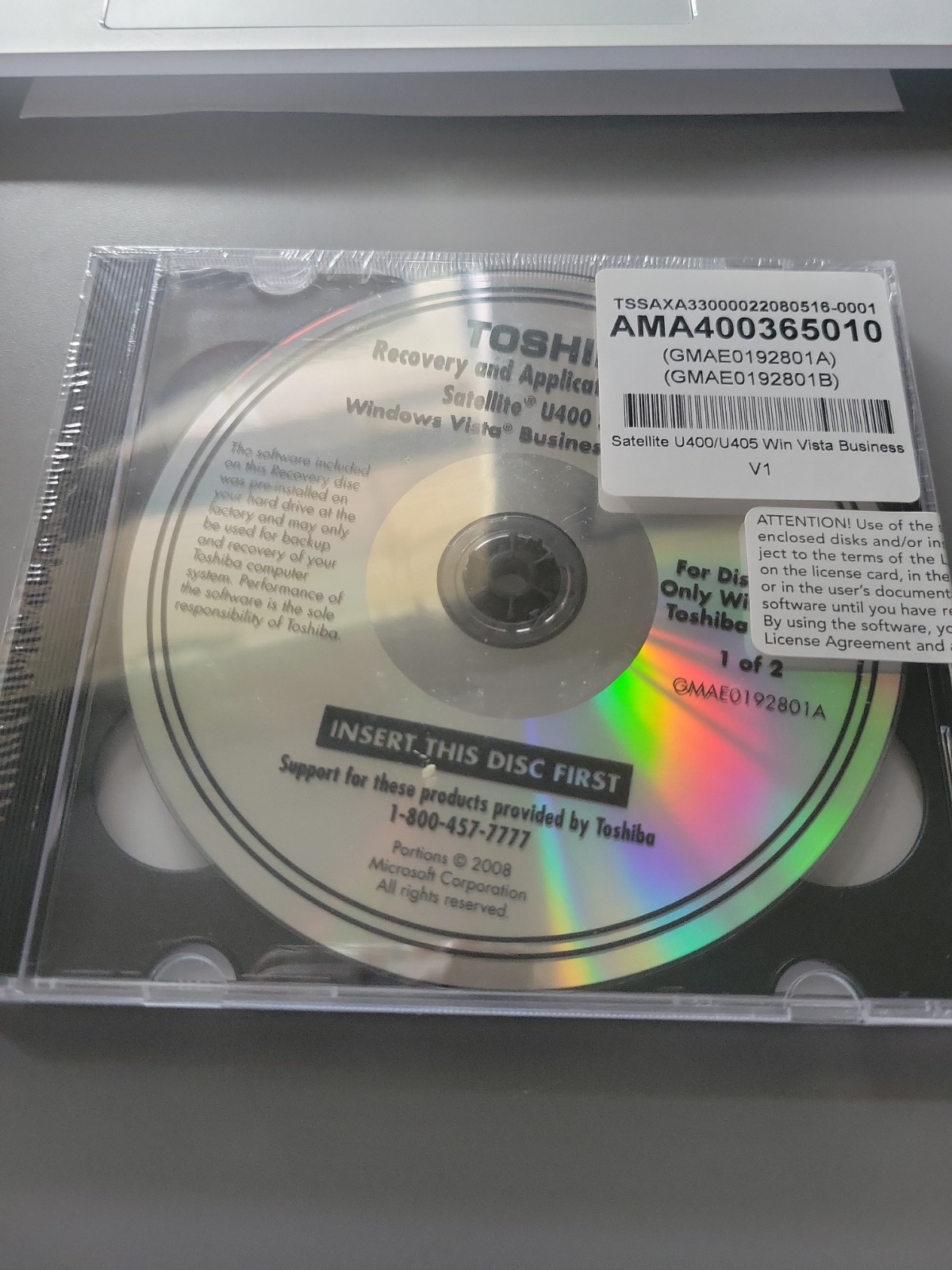 BRAND NEW SEALED Toshiba Satellite U400 Recovery & Applications DVD Disc 1