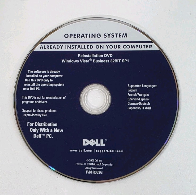 Microsoft Windows Vista Business SP1 32 Bit DELL Reinstallation DVD Disk