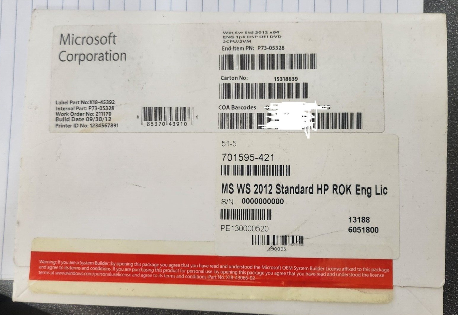 Microsoft Windows Svr Std 2012 x64 ENG 1pk DSP OEI DVD 2CPU/2VM 701595-421 – NEW