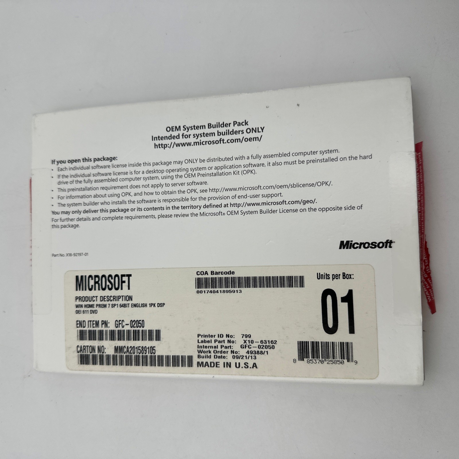 Microsoft Windows 7 SP1 Home 64 Bit OEM System Builder Pack-Used