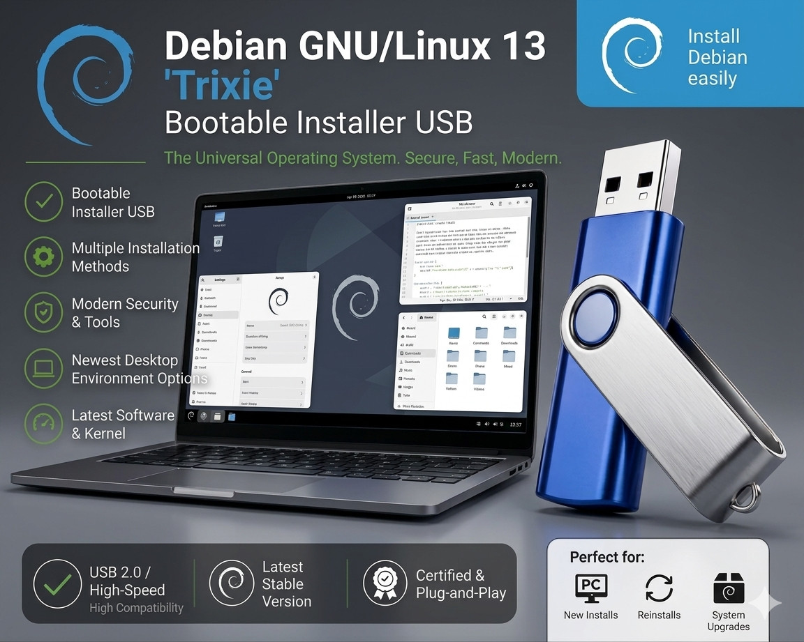 Debian 13.4 Trixie Bootable USB 8GB – Linux Live Installer