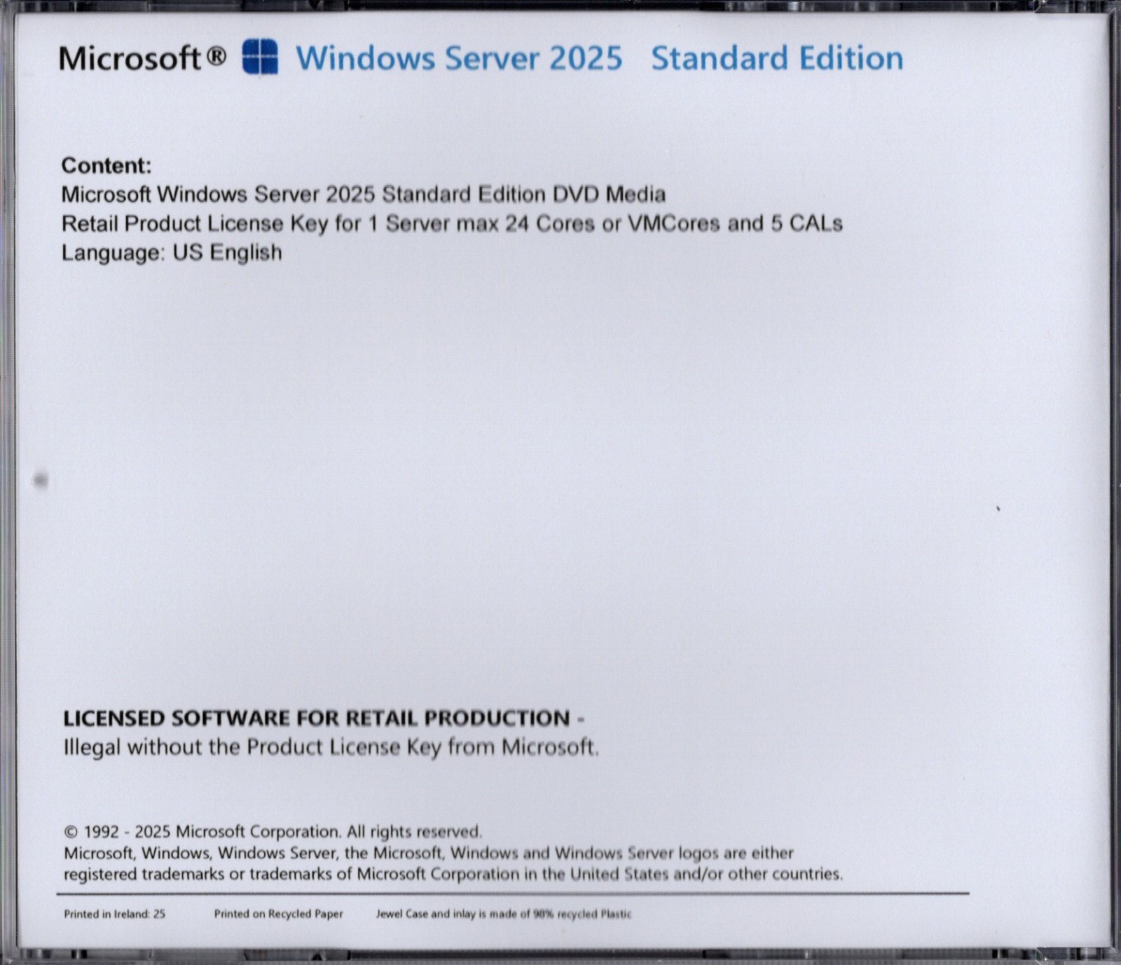 Windows Server 2025 Standard with 5 CALs, 24 Cores. Retail License, English.