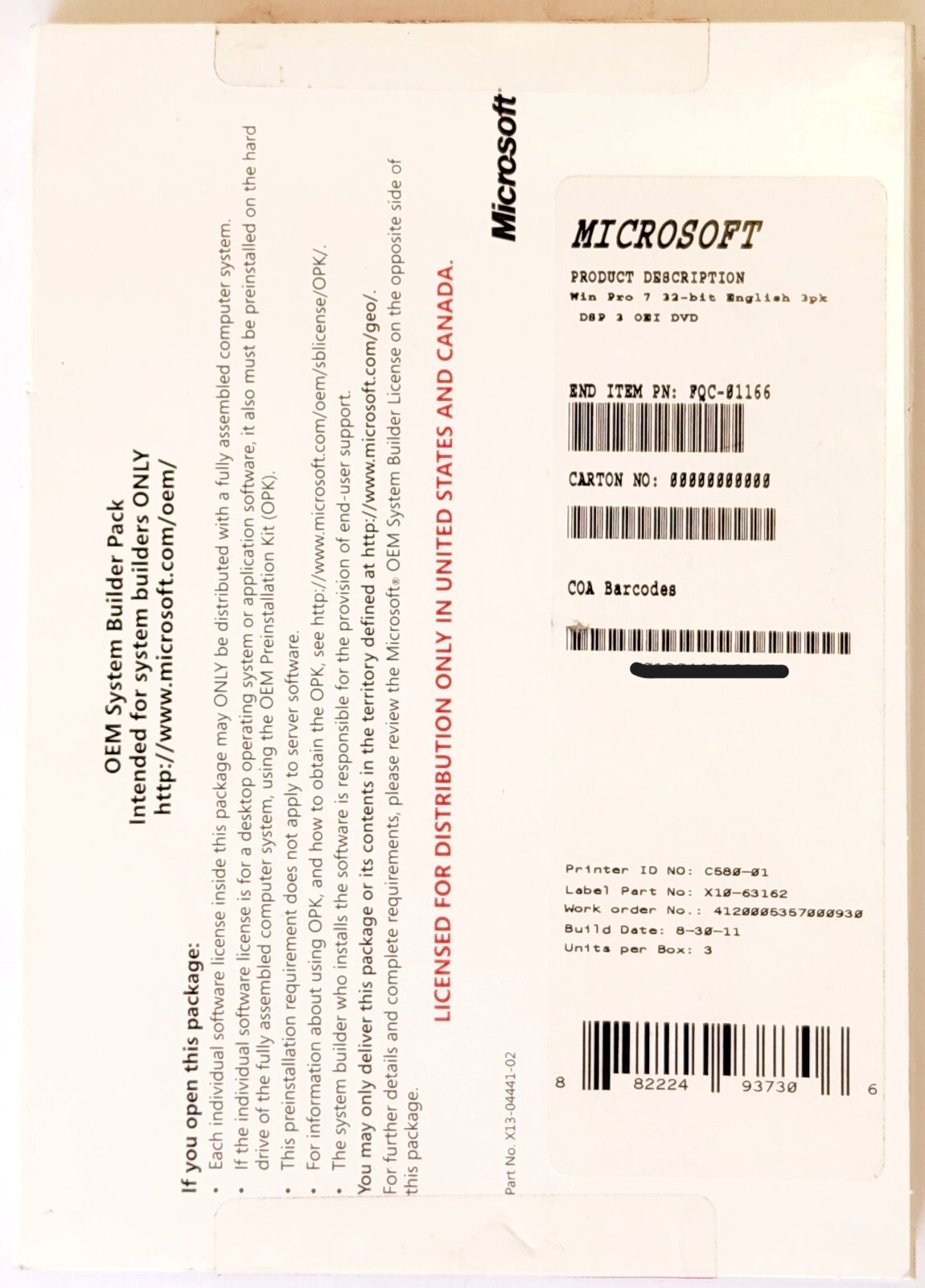 MICROSOFT WINDOWS 7 PRO 32 BIT SP1 OEM SYSTEM BUILDER PACK, W/ COA KEY (USED)