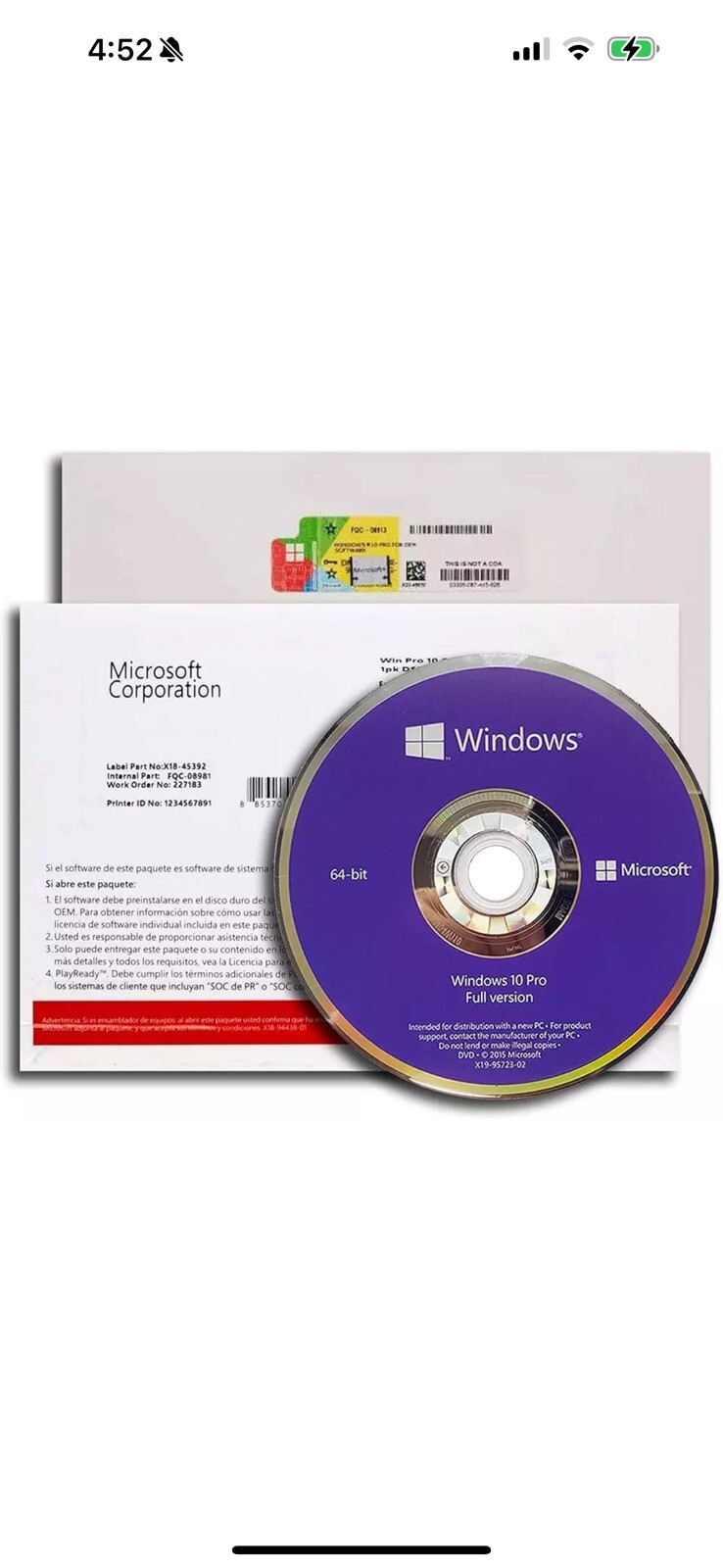 MS WIN 10 Professional Printable Version for Windows (FQC-08929)