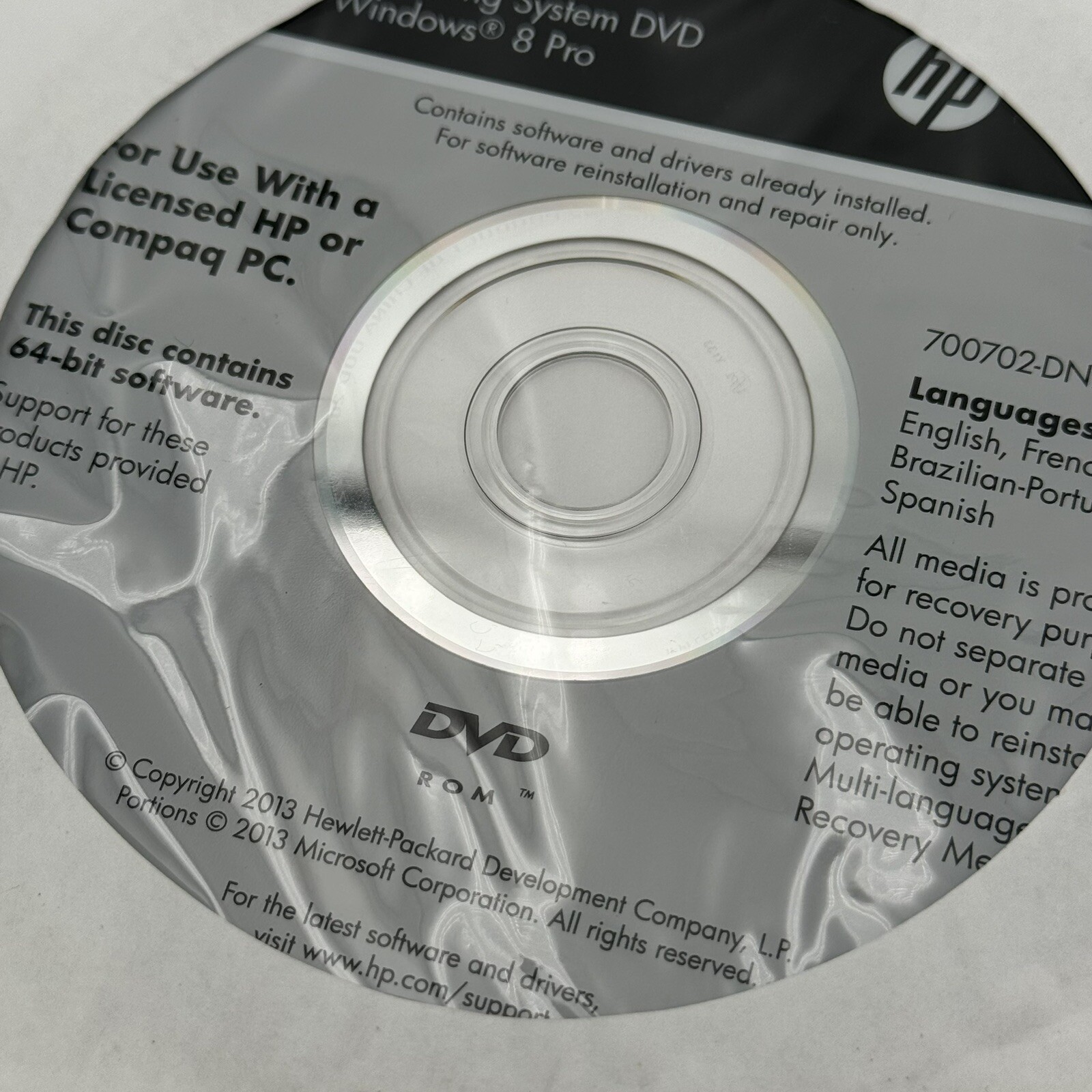 Operating System Windows 8 Pro HP Compaq DVD 700702-DN2 & Application Driver Rec