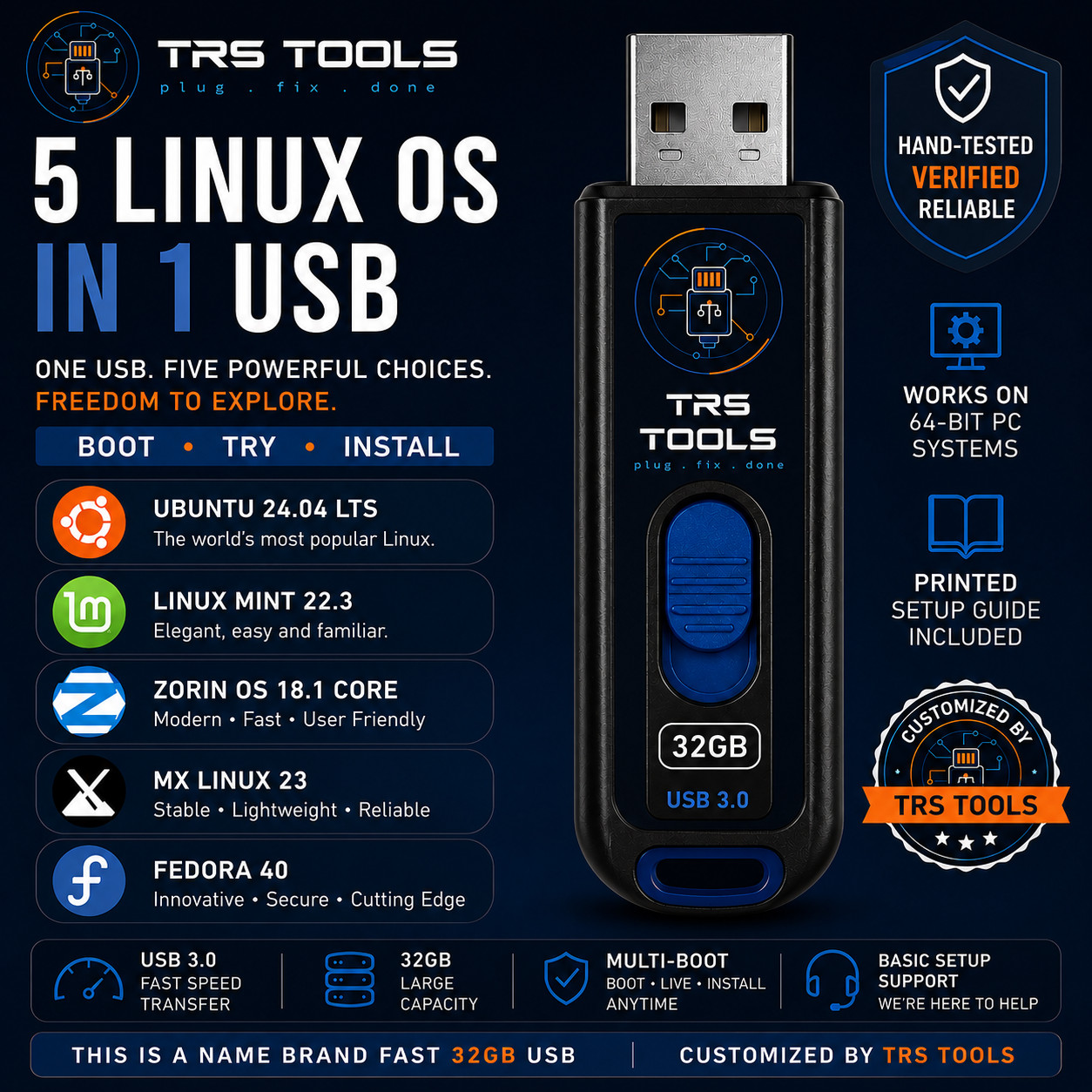 Mint Zorin MX Fedora Ubuntu 5 Linux OS Multi-Boot 32 GB USB