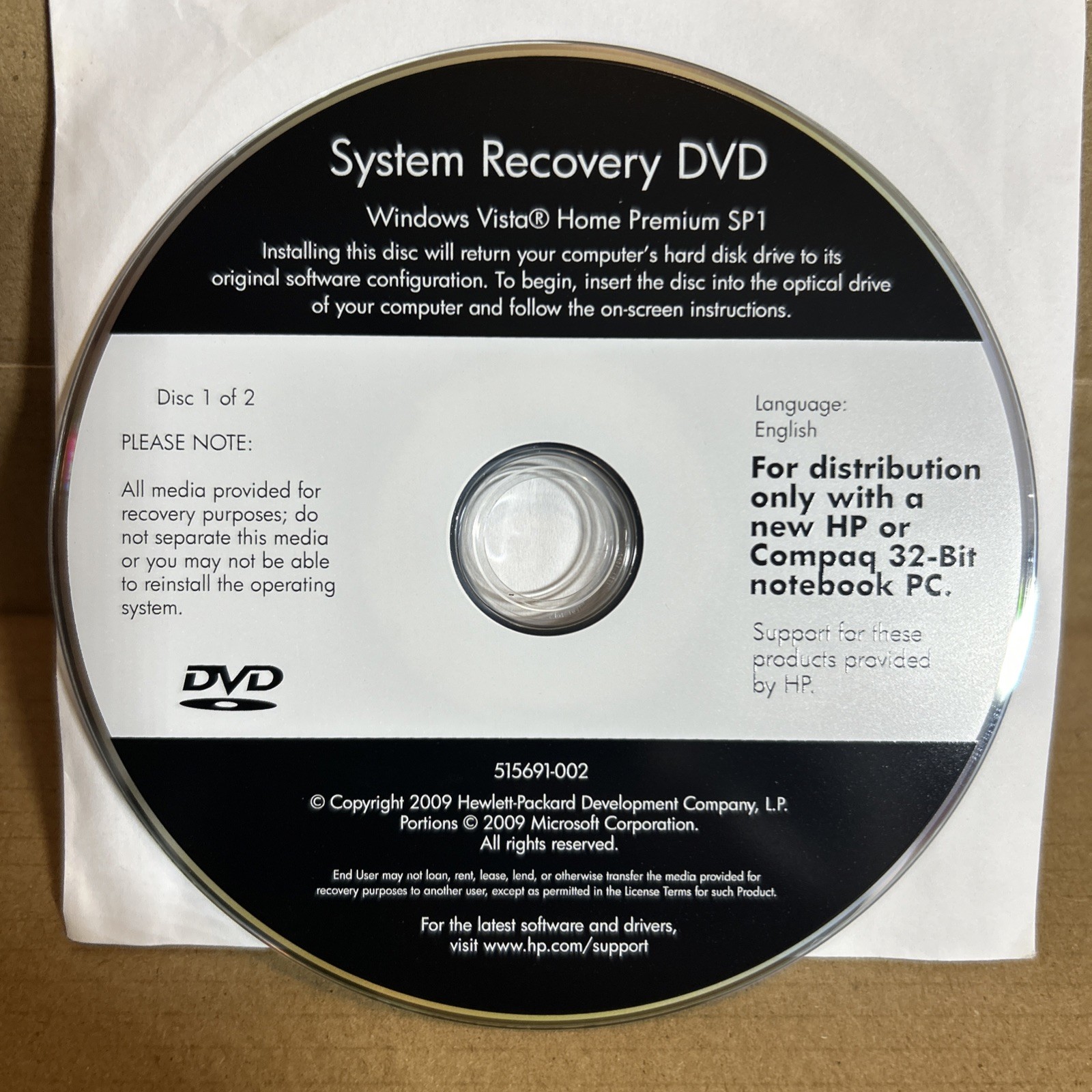 HP Compaq Windows Vista Home Premium SP1 Recovery DVD 32-Bit Disc 1 of 2 OEM