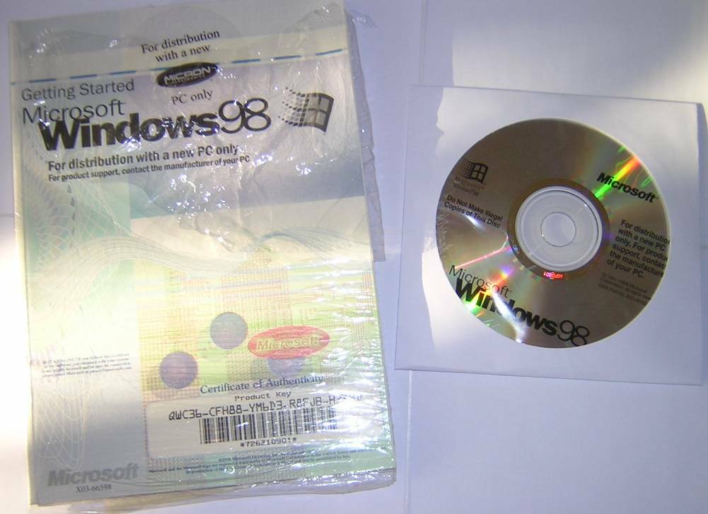 Microsoft Windows 98 Install CD-ROM with COA/Product Key & User Guide
