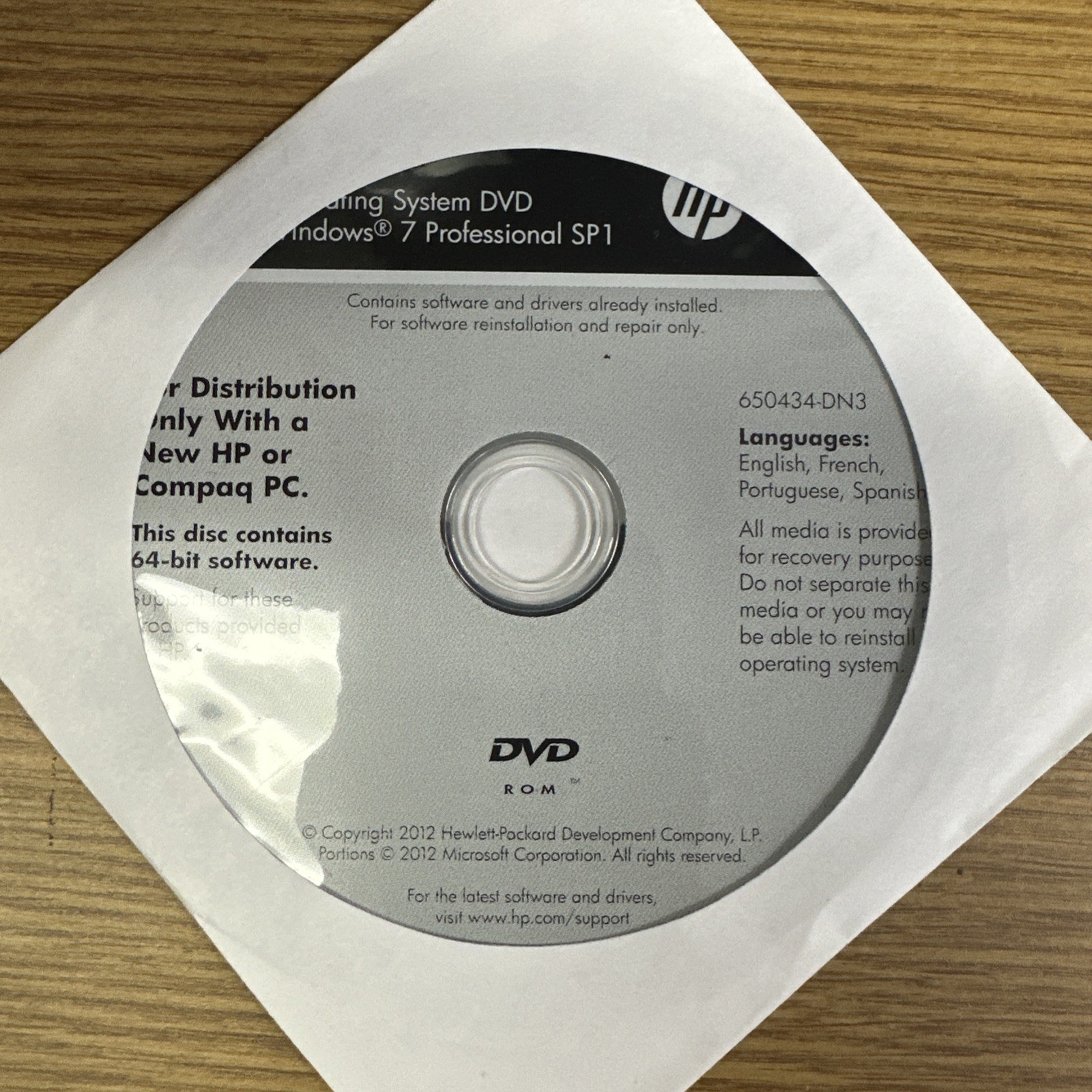 HP Compaq Windows 7 Professional SP1 64-Bit DVD System Recovery Media SEALED