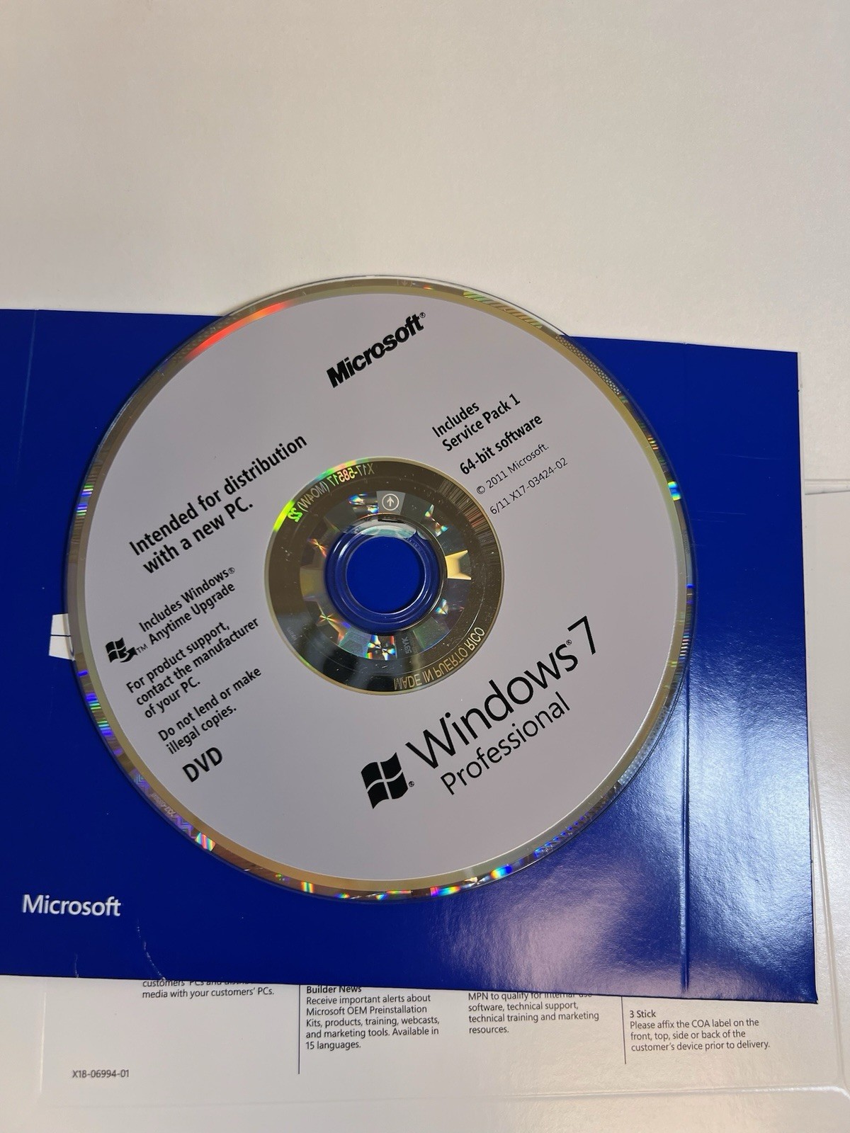 Microsoft Windows 7 Pro SP1 X64 1PK DSP OEI DVD LCP Complete Excellemt