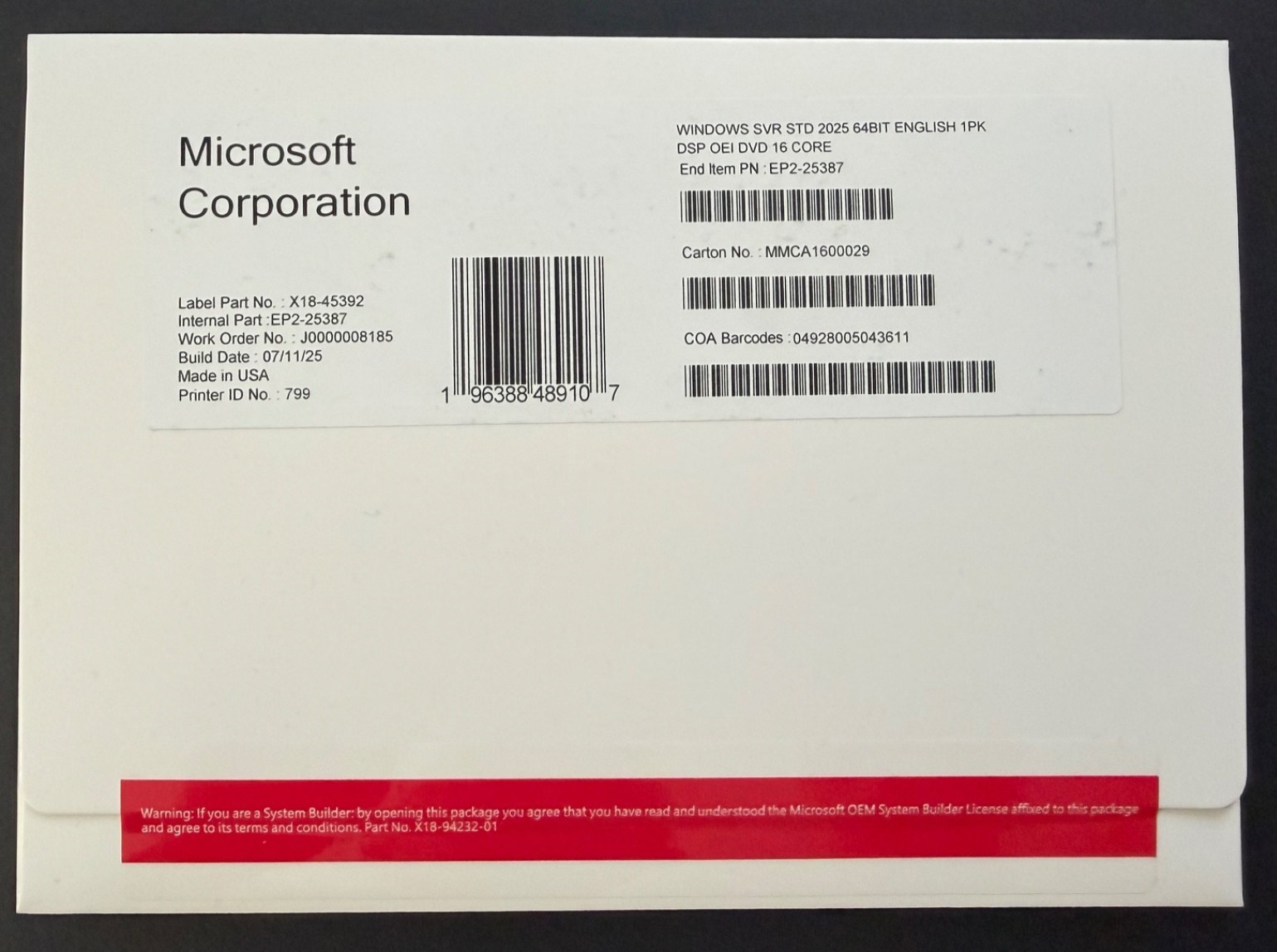 Microsoft Windows Server 2025 Standard 16 Core OEM / DSP DVD + COA