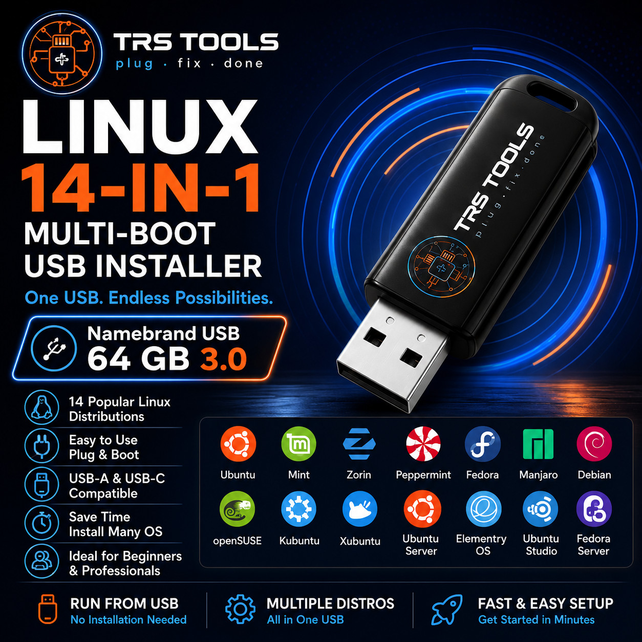 Linux Multi Boot USB Installer 14 in 1 Dual USB A C Ubuntu Mint Fedora